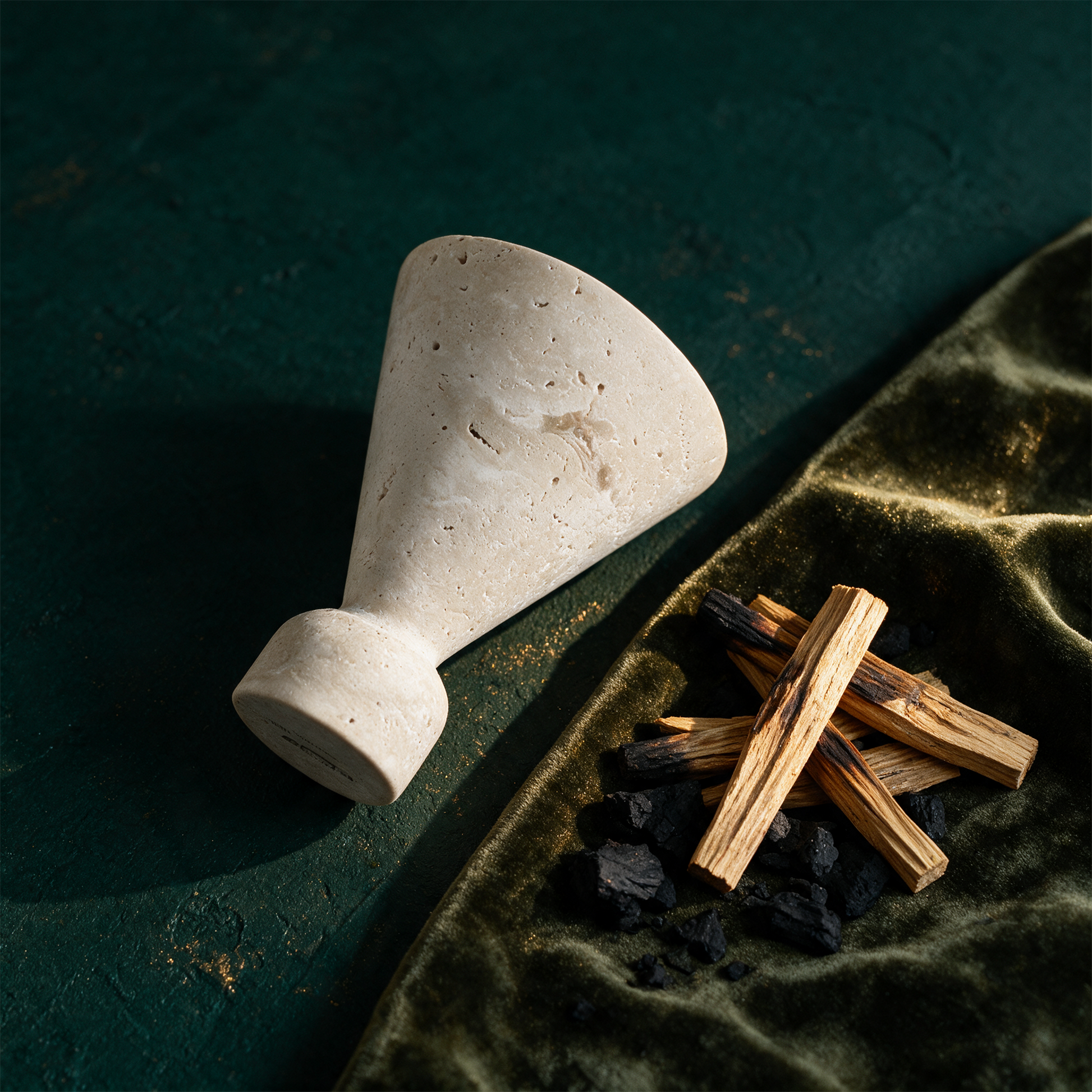Conus RÃ¤ucherkelch | Massiver Travertin-Kelch fÃ¼r Kohle & Palo Santo â€“ Material- und Setansicht vor tiefem SmaragdgrÃ¼n