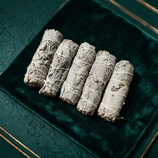 WeiÃŸer Salbei RÃ¤ucherset | 5 Smudge-Sticks zur Reinigung â€“ alternative Produktansicht vor tiefem SmaragdgrÃ¼n