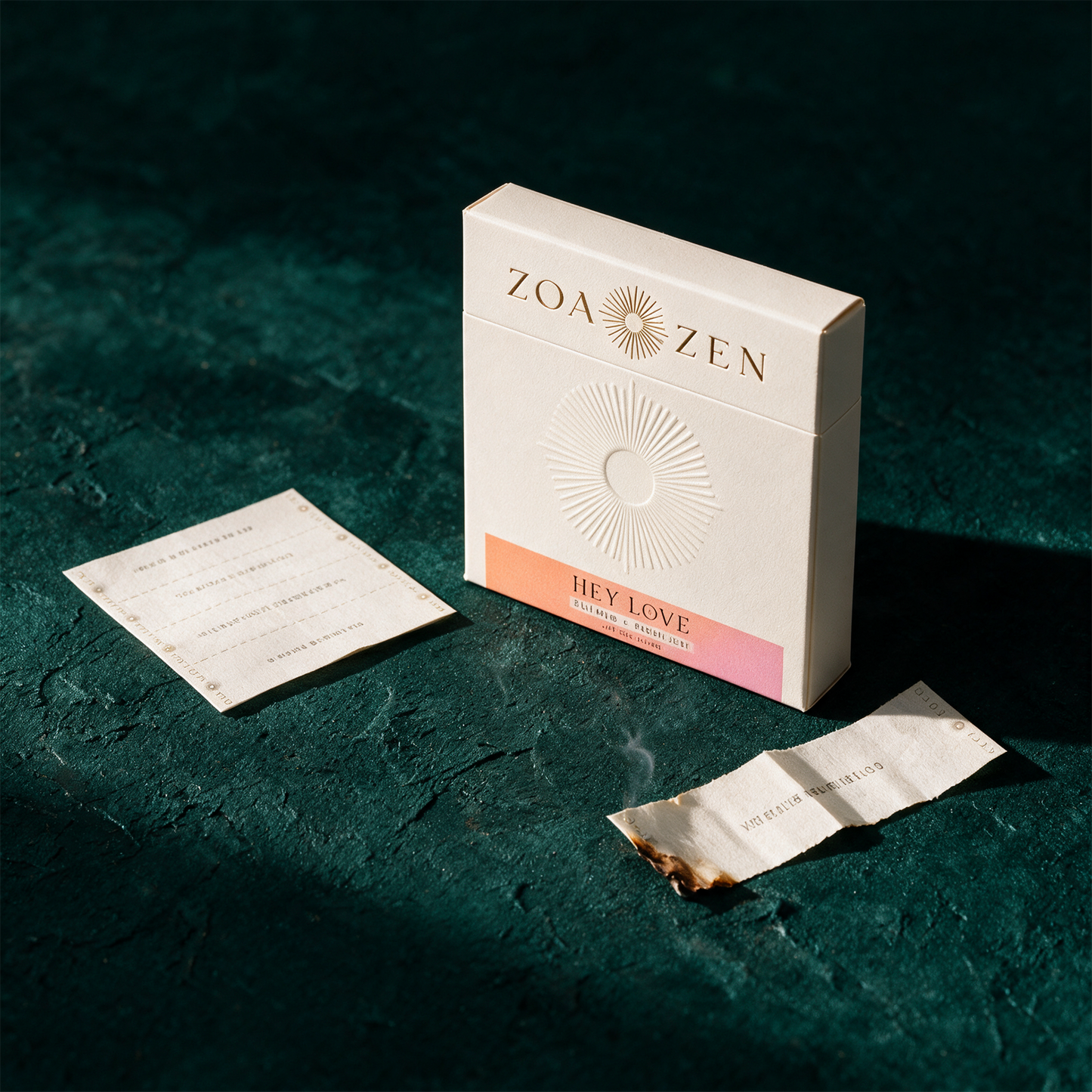 Hey Love RÃ¤ucherpapier | Floraler Herzduft mit Rose & Geranie â€“ Material- und Setansicht vor tiefem SmaragdgrÃ¼n