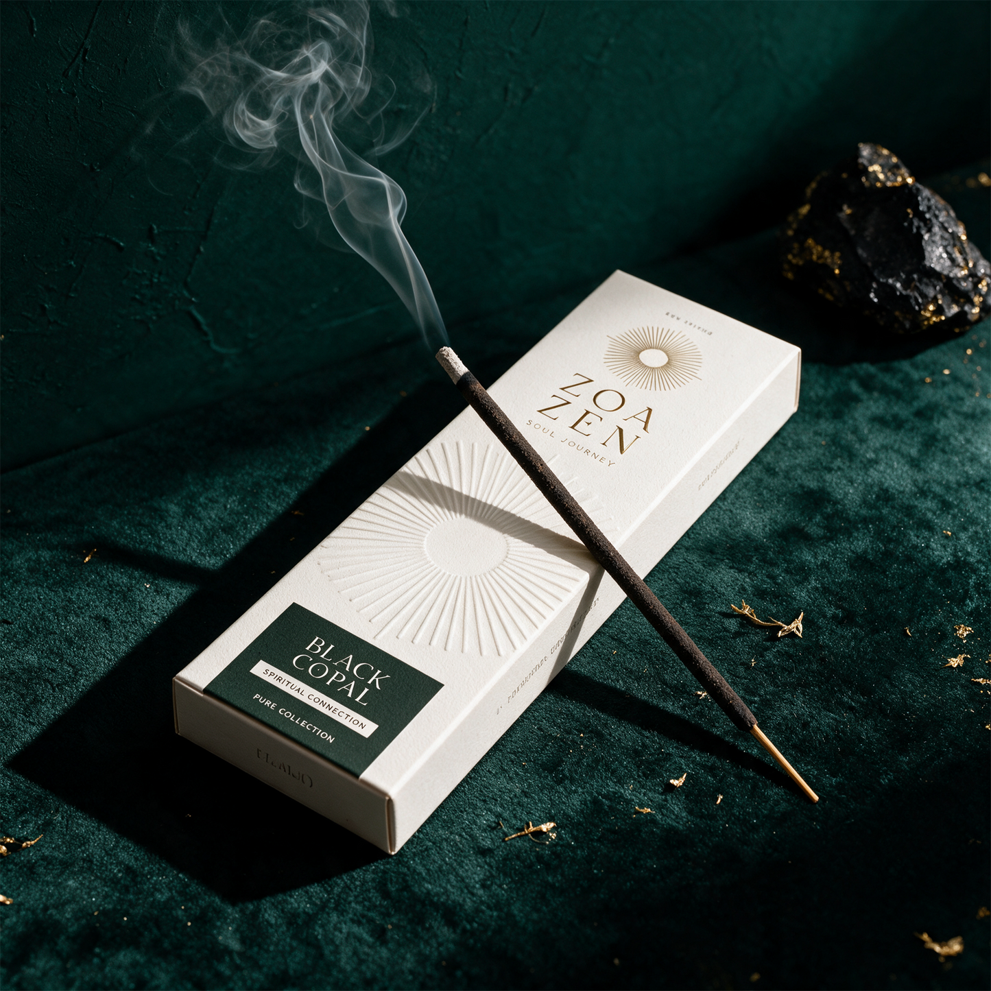 Black Copal Zen Sticks | Palo Santo & Copal Negro RÃ¤ucherstÃ¤bchen â€“ alternative Produktansicht vor tiefem SmaragdgrÃ¼n