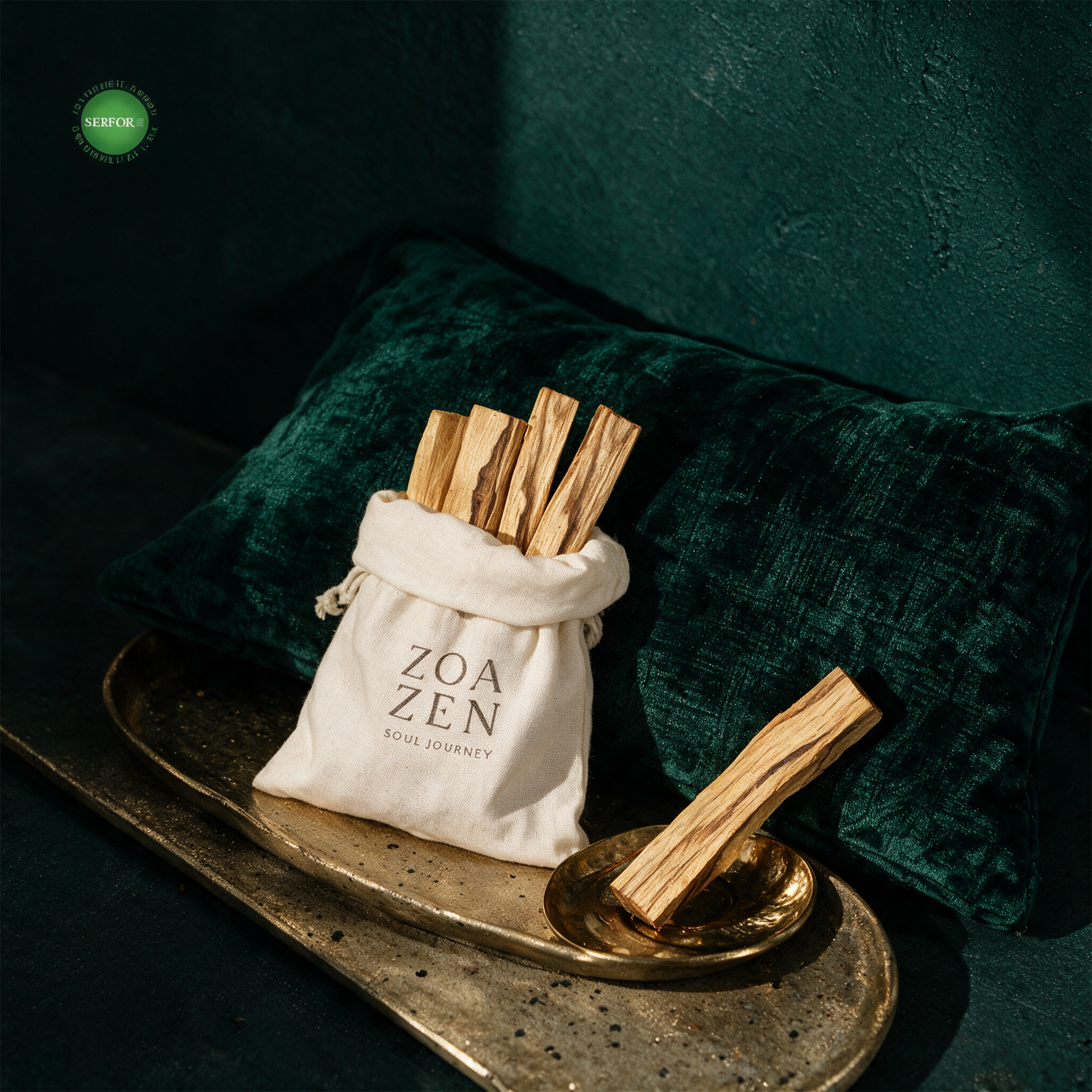 Palo Santo Holz | SERFOR-zertifiziert aus Peru fÃ¼r Reinigung â€“ alternative Produktansicht vor tiefem SmaragdgrÃ¼n