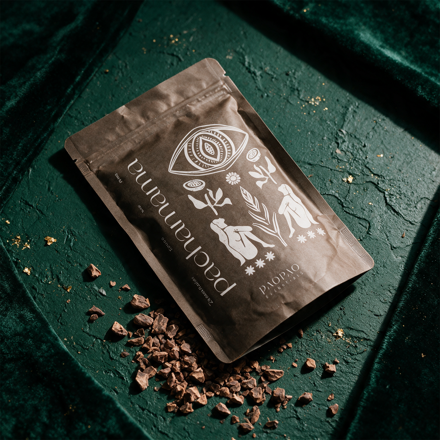 Pachamama Zeremonie-Kakao | Roher Kakao aus Peru, 250 g â€“ alternative Produktansicht vor tiefem SmaragdgrÃ¼n