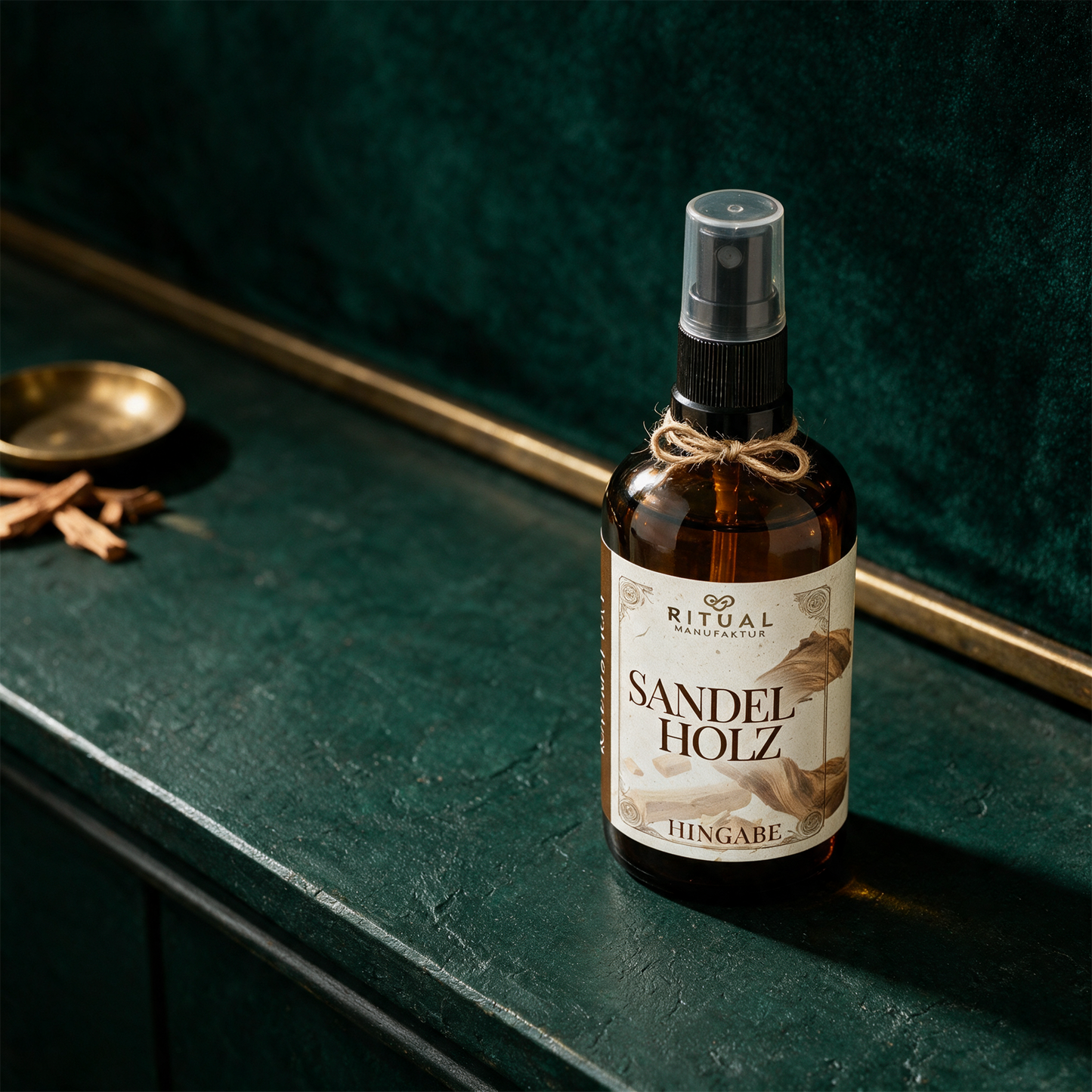 Sandelholz Spray | Rauchfreies Aura-Spray fÃ¼r Entspannung & Meditation â€“ alternative Produktansicht vor tiefem SmaragdgrÃ¼n