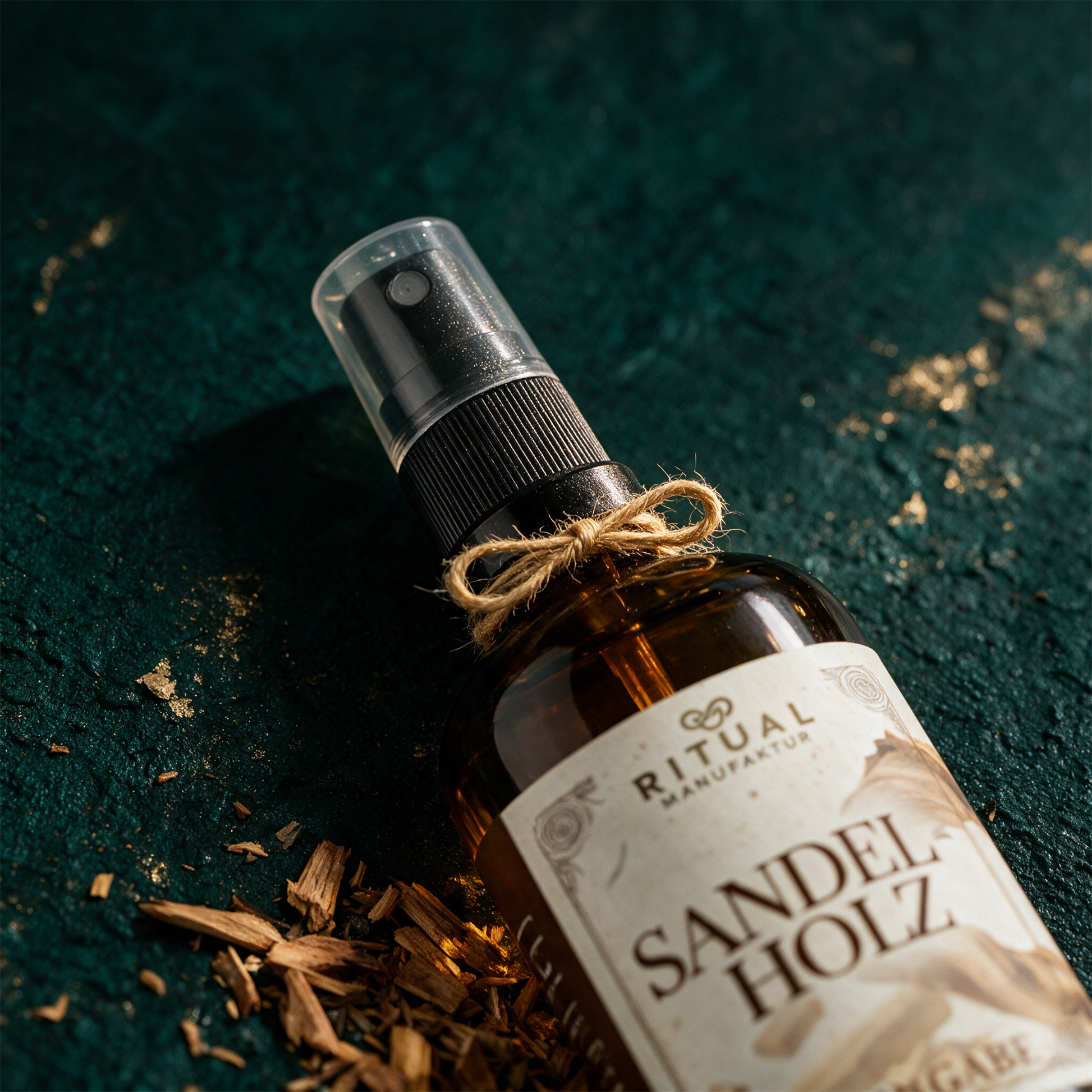 Sandelholz Spray | Rauchfreies Aura-Spray fÃ¼r Entspannung & Meditation â€“ Detailansicht vor tiefem SmaragdgrÃ¼n