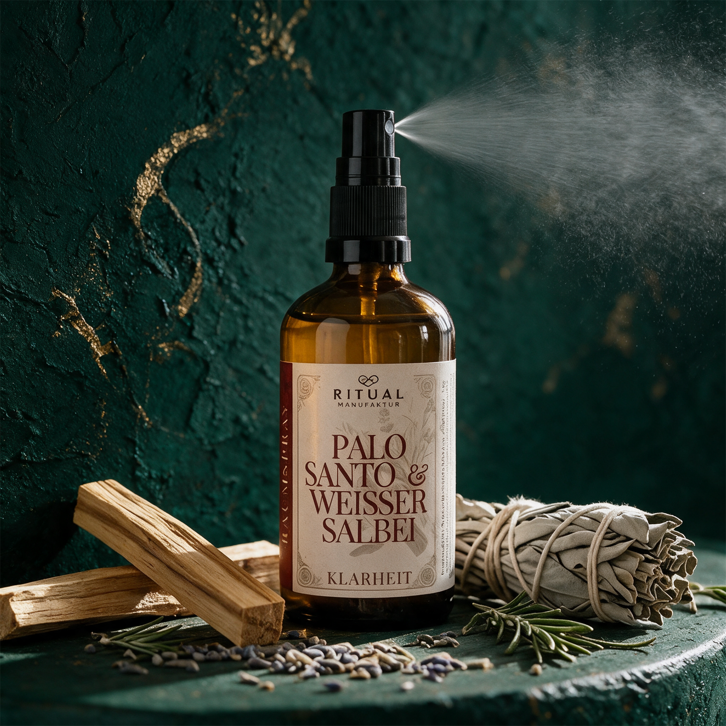 WeiÃŸer Salbei & Palo Santo Spray | Rauchfreies Aura-Spray, reinigend & erdend â€“ Anwendung vor tiefem SmaragdgrÃ¼n