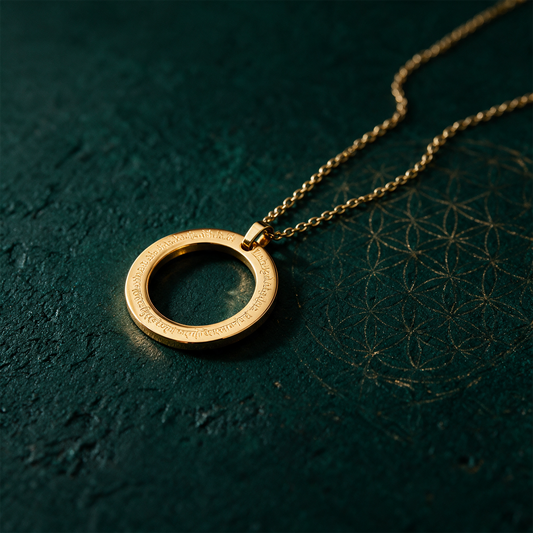Gayatri Mantra Kette | Vergoldet mit Sanskrit-Gravur â€“ alternative Produktansicht vor tiefem SmaragdgrÃ¼n