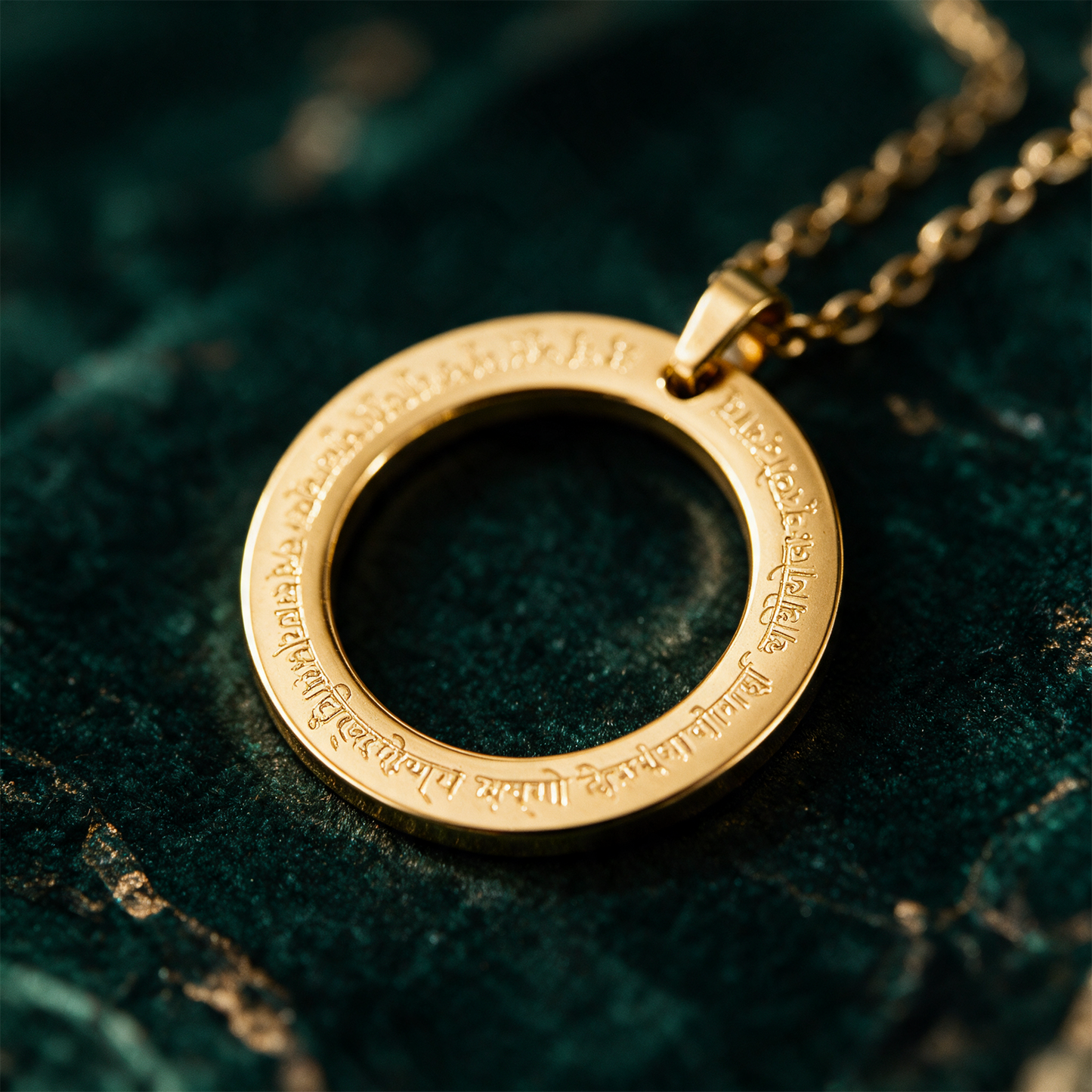 Gayatri Mantra Kette | Vergoldet mit Sanskrit-Gravur â€“ Detailansicht vor tiefem SmaragdgrÃ¼n