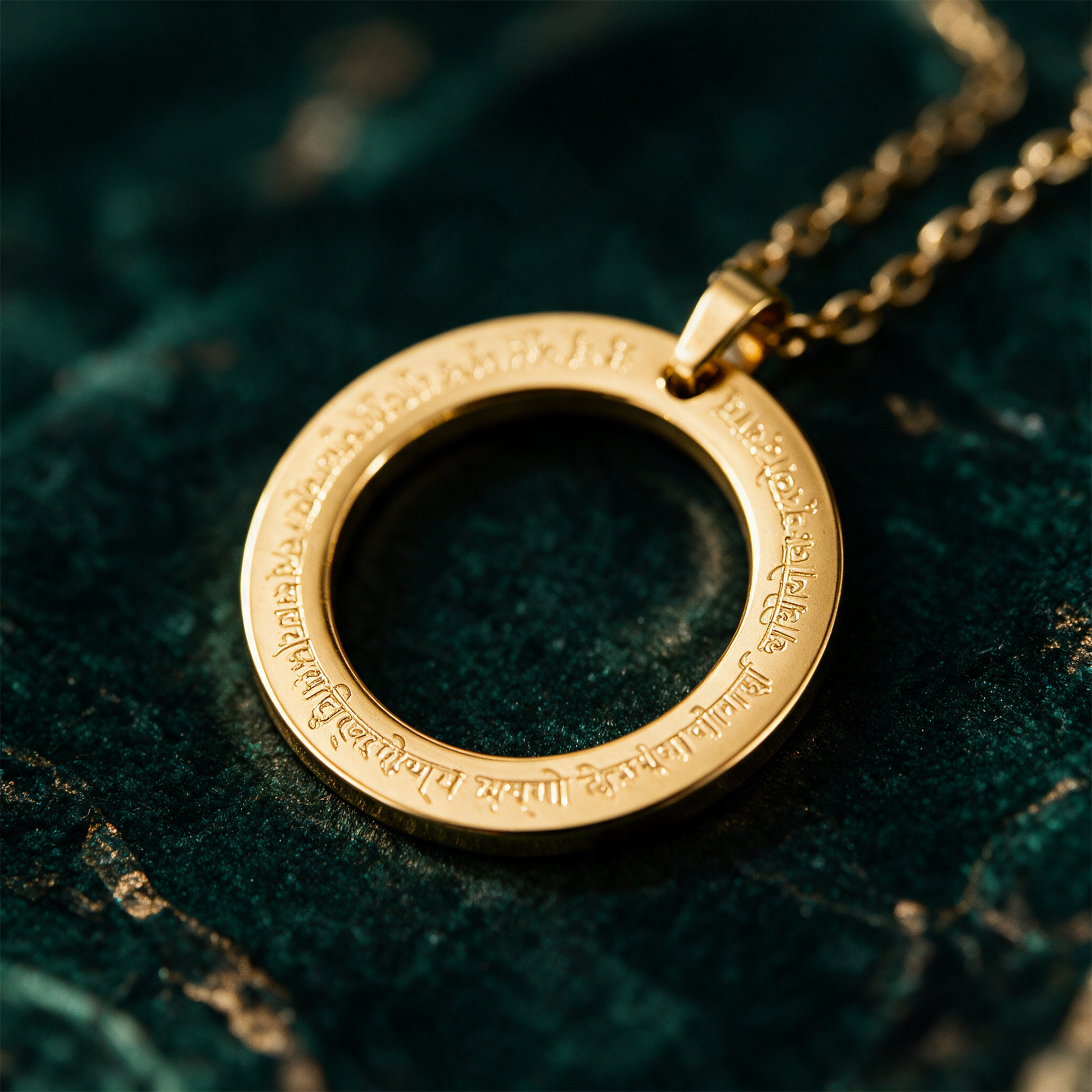 Gayatri Mantra Kette | Vergoldet mit Sanskrit-Gravur â€“ Detailansicht vor tiefem SmaragdgrÃ¼n
