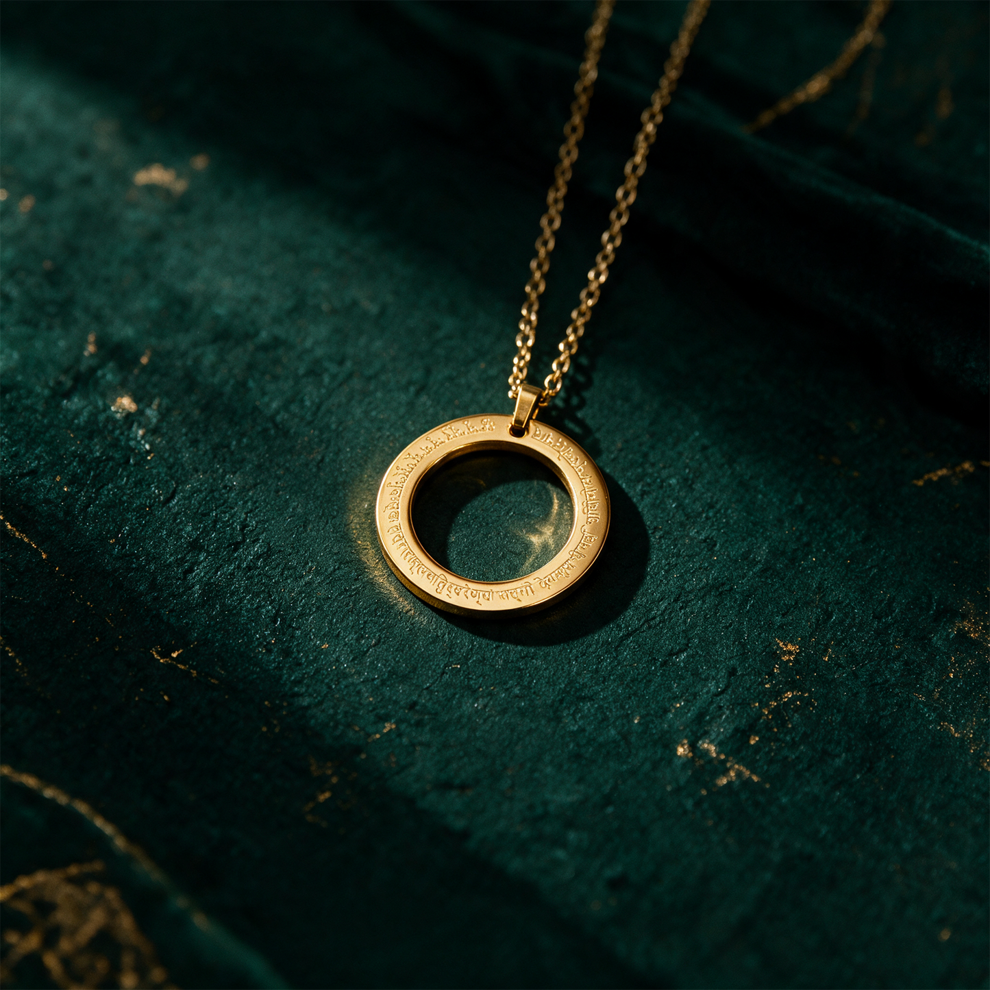 Gayatri Mantra Kette | Vergoldet mit Sanskrit-Gravur â€“ Anwendung vor tiefem SmaragdgrÃ¼n