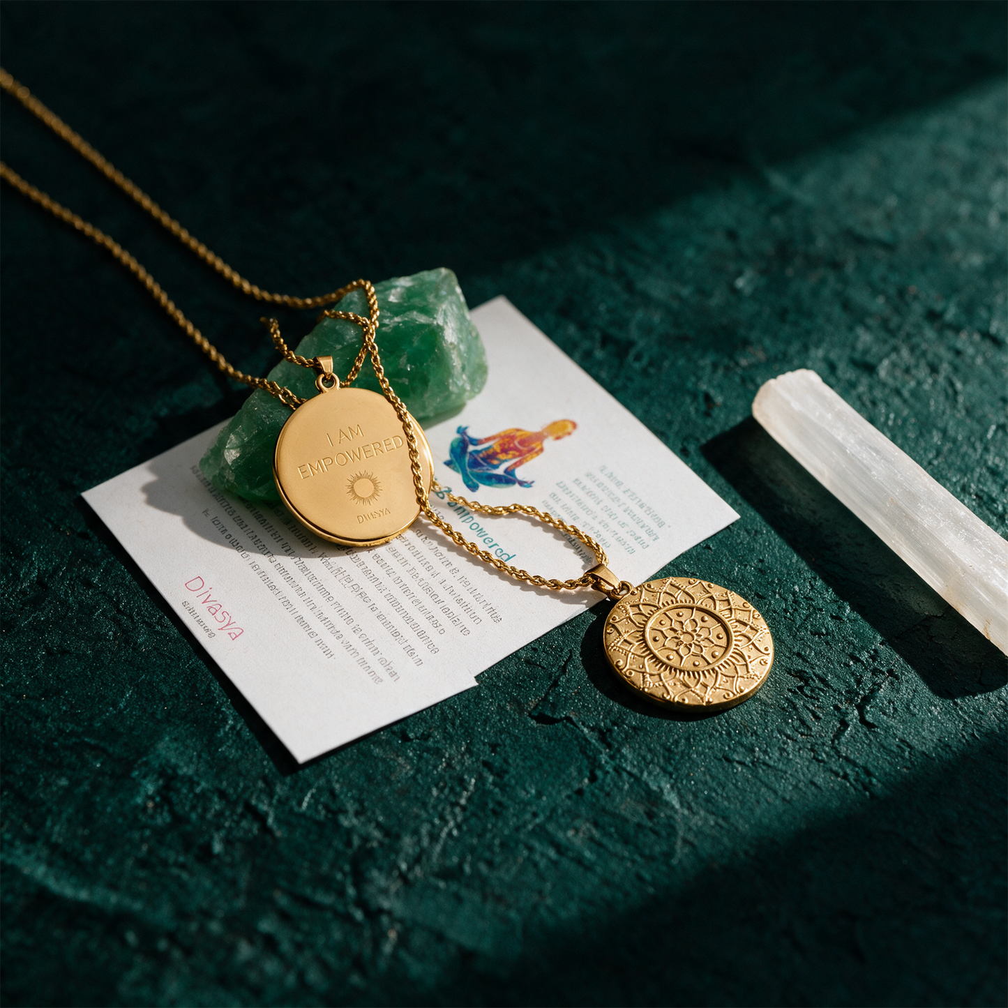 Mandala Kette 'I am empowered' | Vergoldet & graviert â€“ Material- und Setansicht vor tiefem SmaragdgrÃ¼n