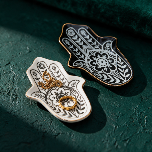 Schmuckschale Hamsa Hand | Keramik fÃ¼r Yoga-Schmuck â€“ Anwendung vor tiefem SmaragdgrÃ¼n
