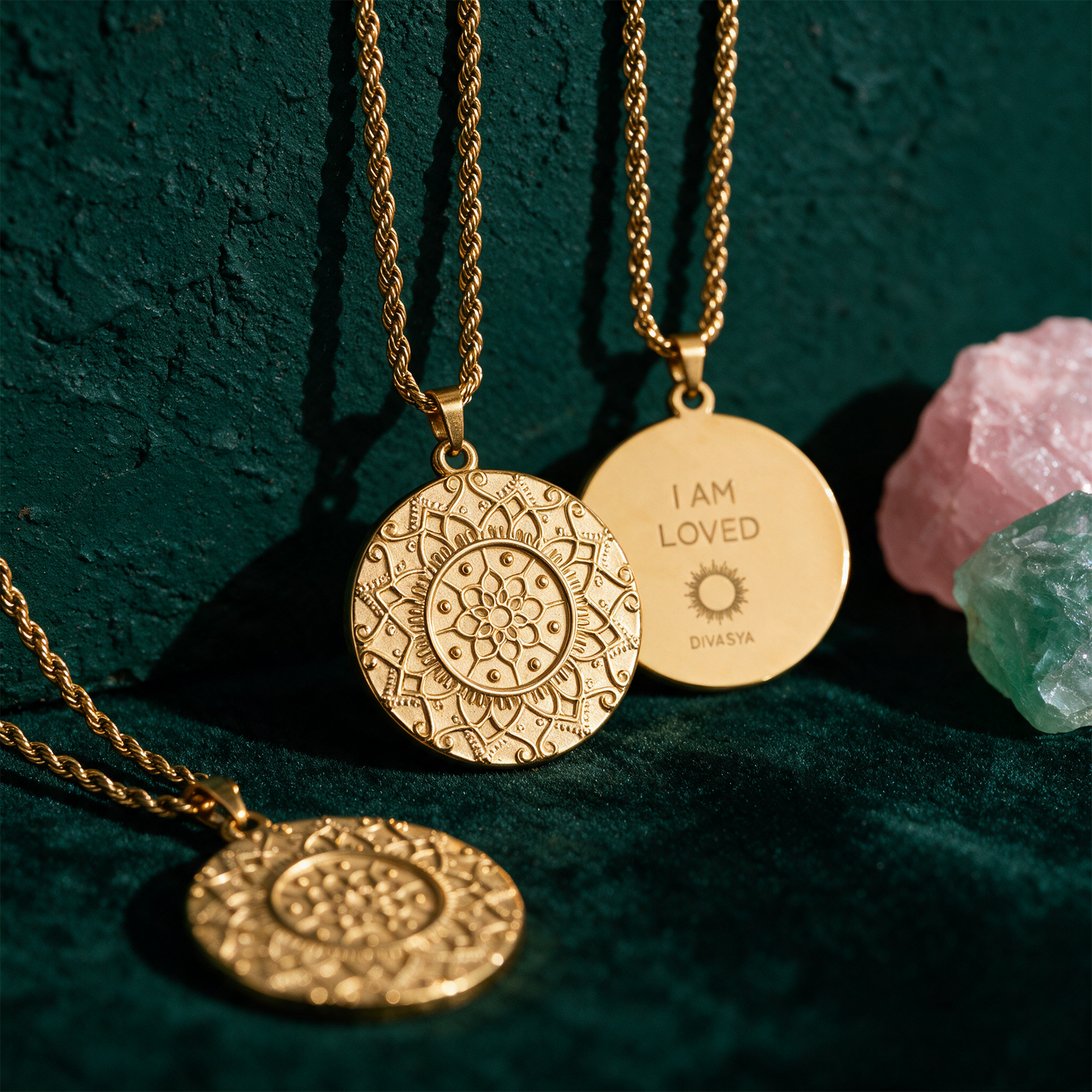 Mandala Kette 'I am loved' | Vergoldet & graviert â€“ Detailansicht vor tiefem SmaragdgrÃ¼n