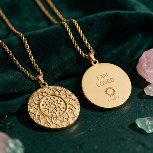 Mandala Kette 'I am loved' | Vergoldet & graviert â€“ Anwendung vor tiefem SmaragdgrÃ¼n