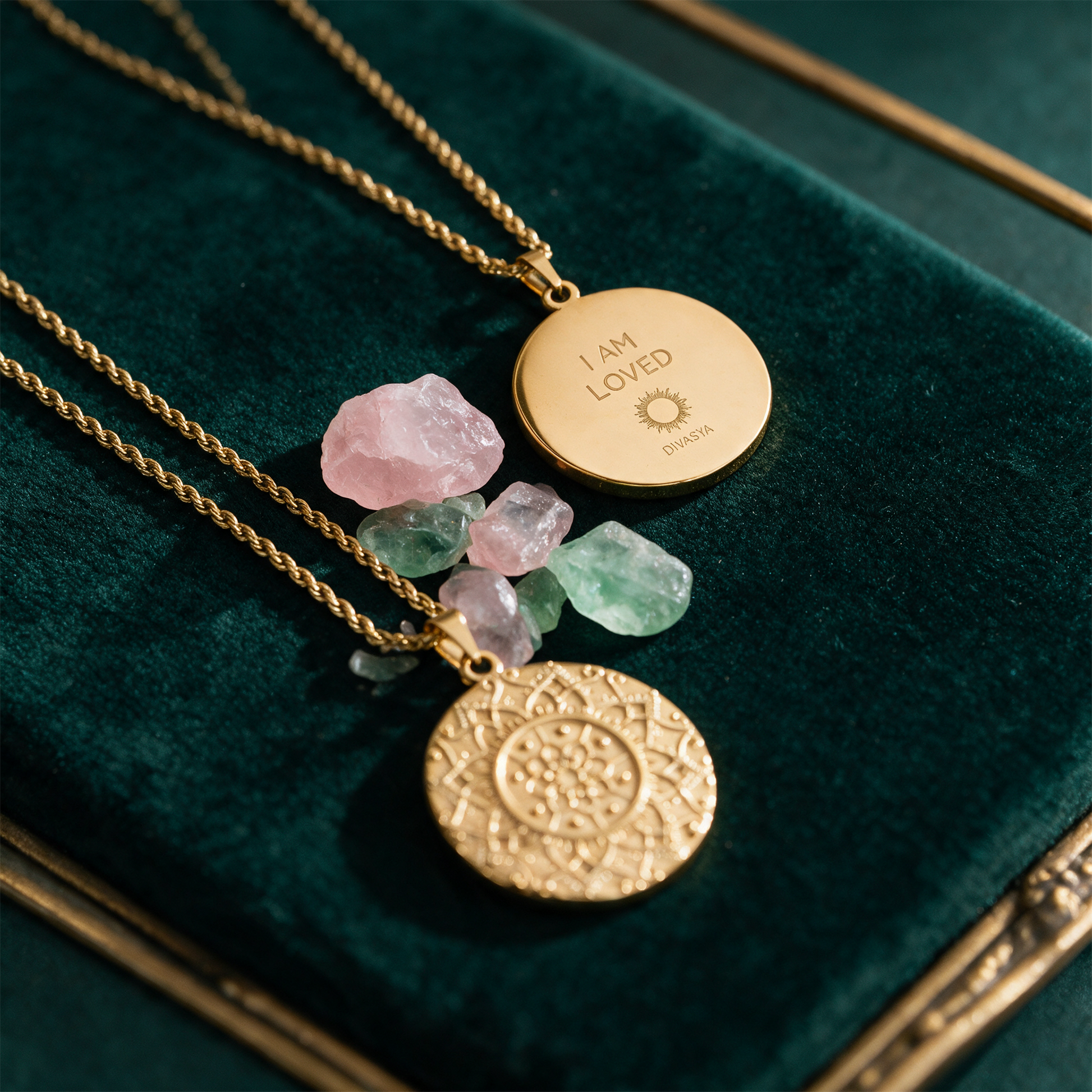Mandala Kette 'I am loved' | Vergoldet & graviert â€“ Material- und Setansicht vor tiefem SmaragdgrÃ¼n