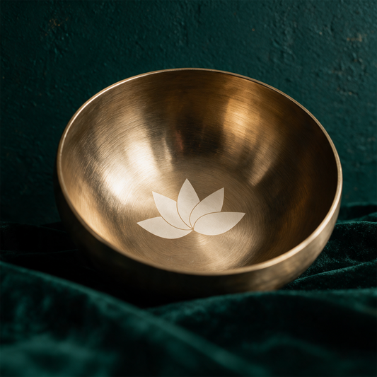 Klangschale LotusblÃ¼te | Hess Sound Gravur-Schale fÃ¼r Meditation â€“ Detailansicht vor tiefem SmaragdgrÃ¼n
