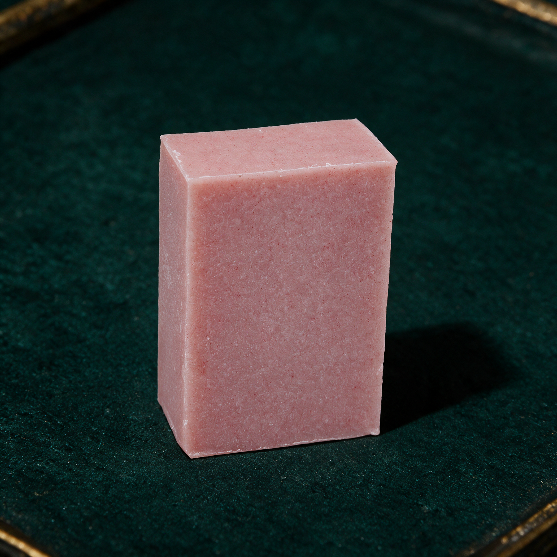 Duschseife Rose 100 g | HandgeschÃ¶pft mit rÃ¼ckfettender Formulierung â€“ Detailansicht vor tiefem SmaragdgrÃ¼n