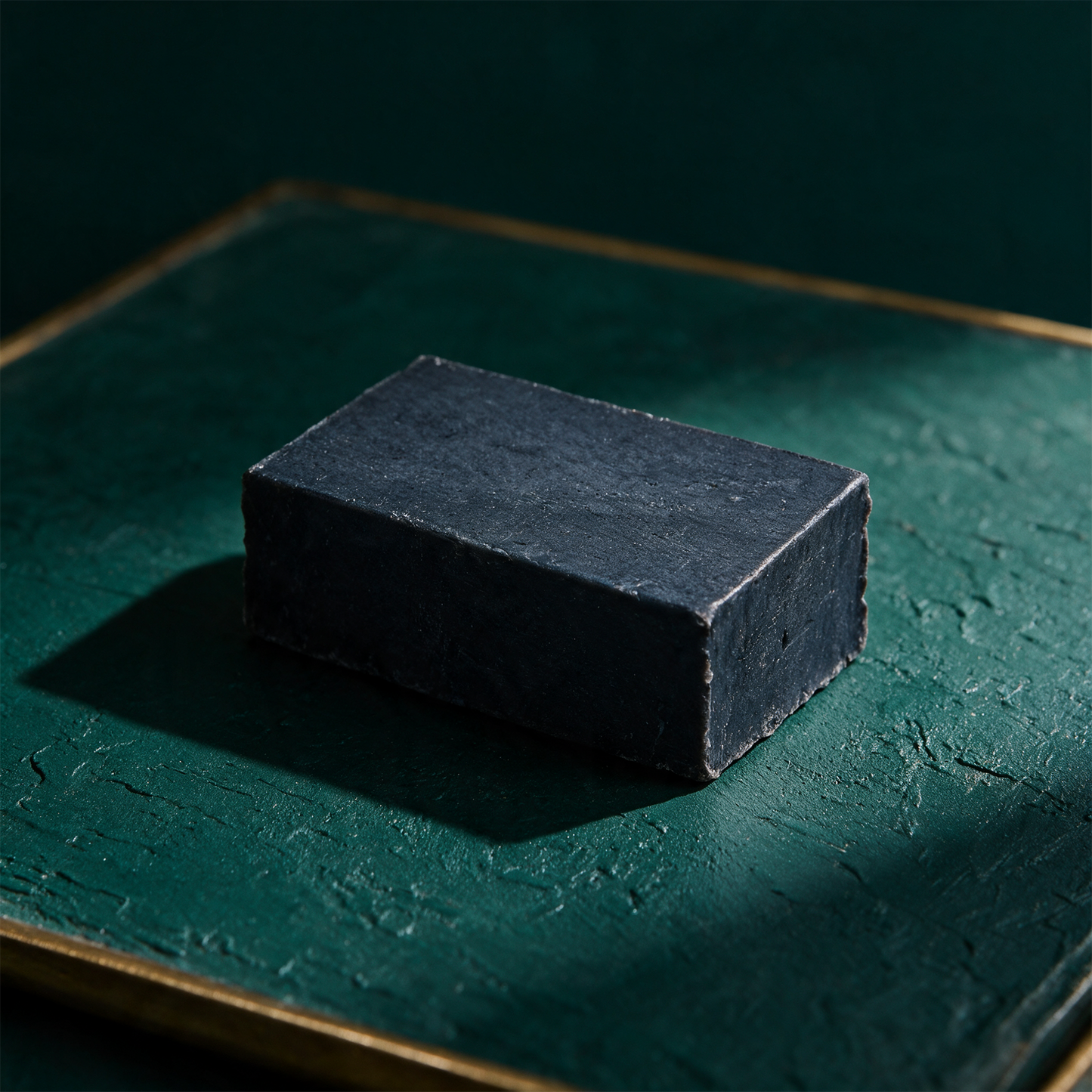 Duschseife Aktivkohle 100 g – Material- und Setansicht vor tiefem Smaragdgrün