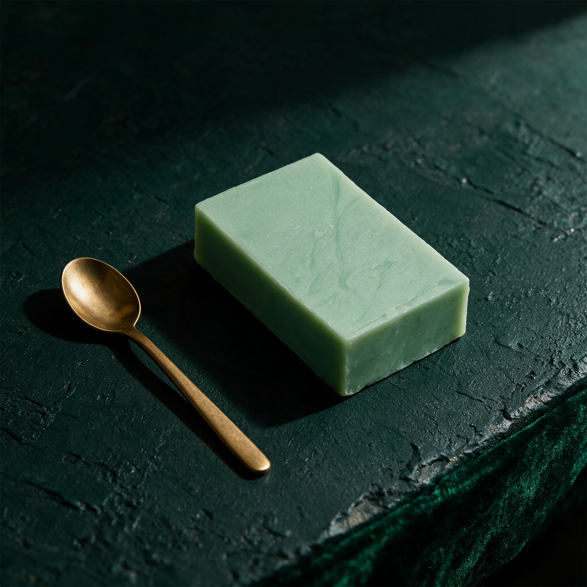 Duschseife Aloe Vera 100 g – Material- und Setansicht vor tiefem Smaragdgrün