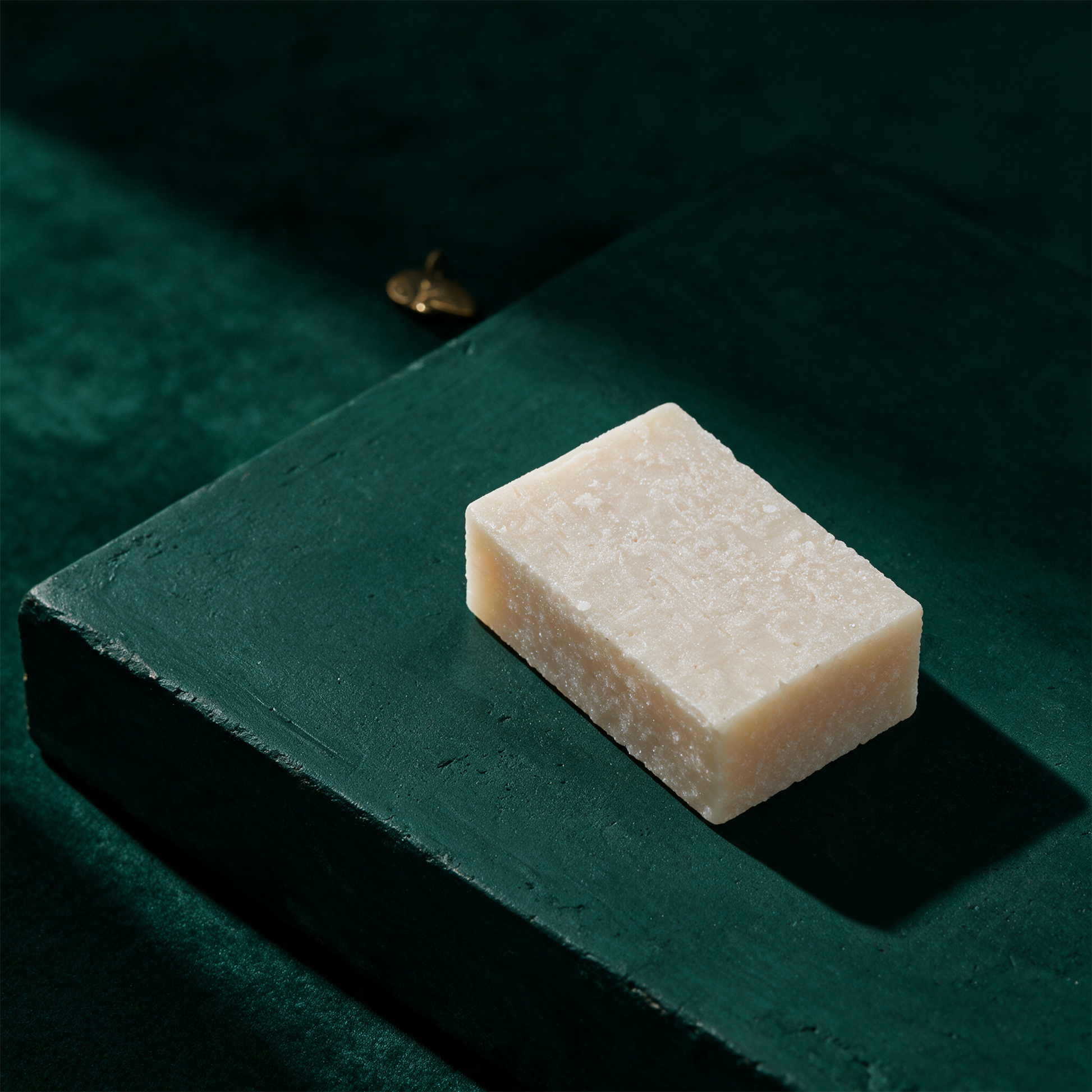 Duschseife Meersalz 100 g | HandgeschÃ¶pft, ohne Duftstoffe, leicht peelend â€“ alternative Produktansicht vor tiefem SmaragdgrÃ¼n