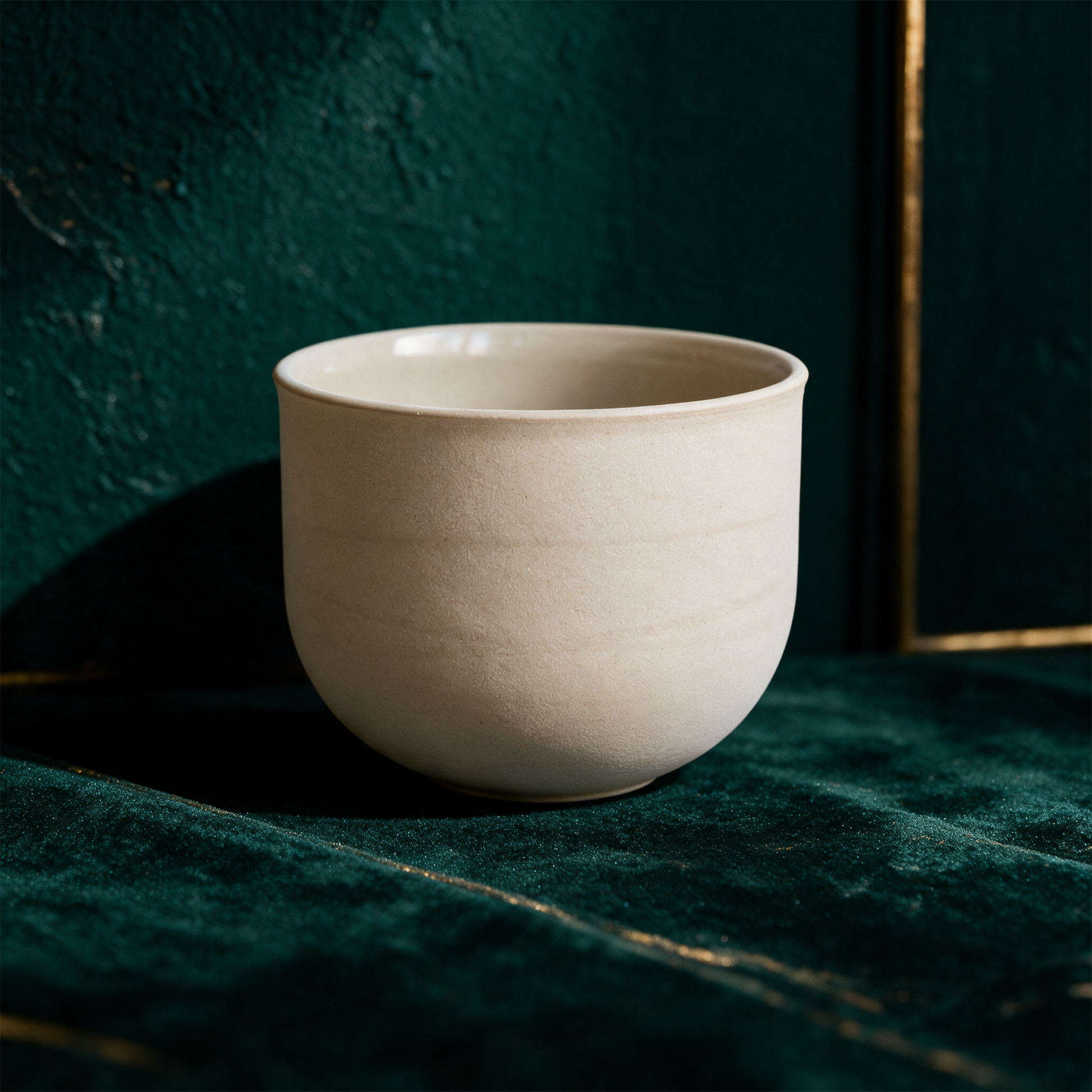 OCHA Teetasse beige – Detailansicht vor tiefem Smaragdgrün