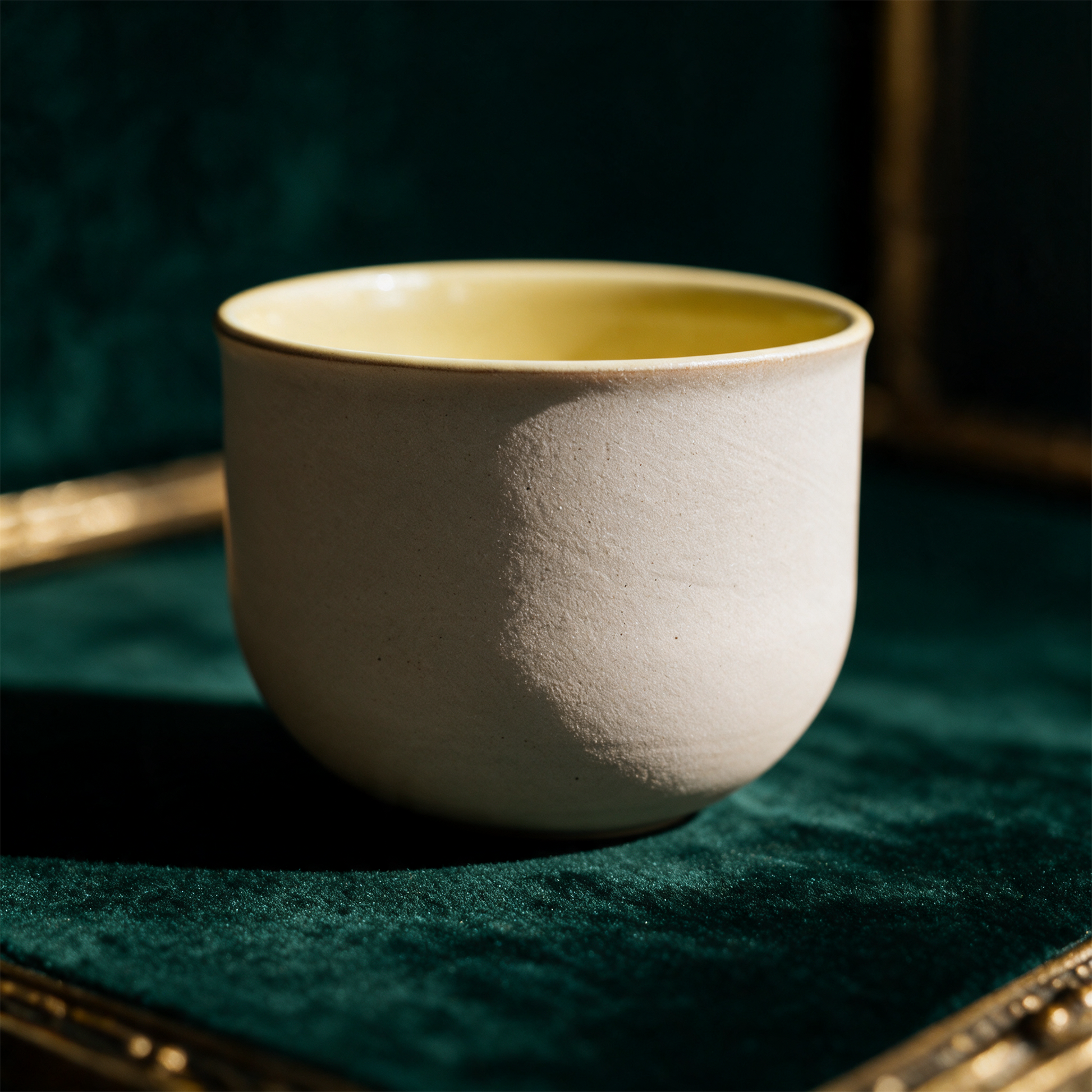 OCHA Teetasse gelb – Detailansicht vor tiefem Smaragdgrün
