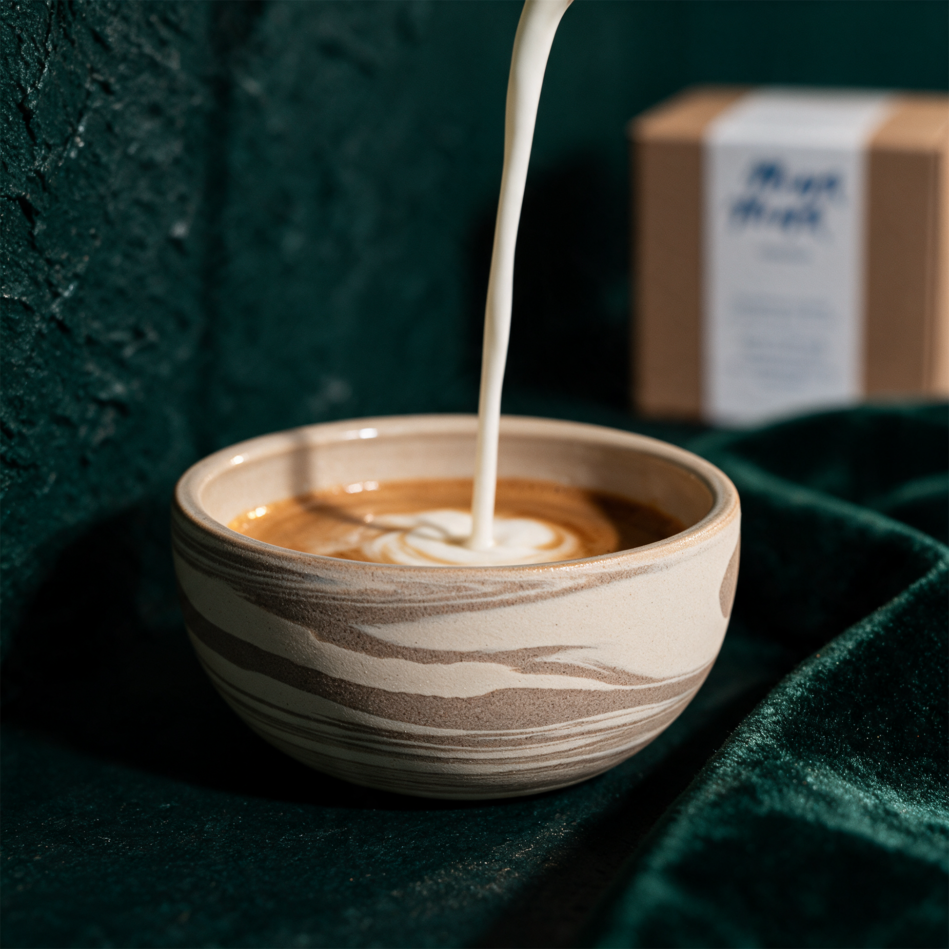 KUMO Cappuccino Tasse Mixed Clay – Detailansicht vor tiefem Smaragdgrün