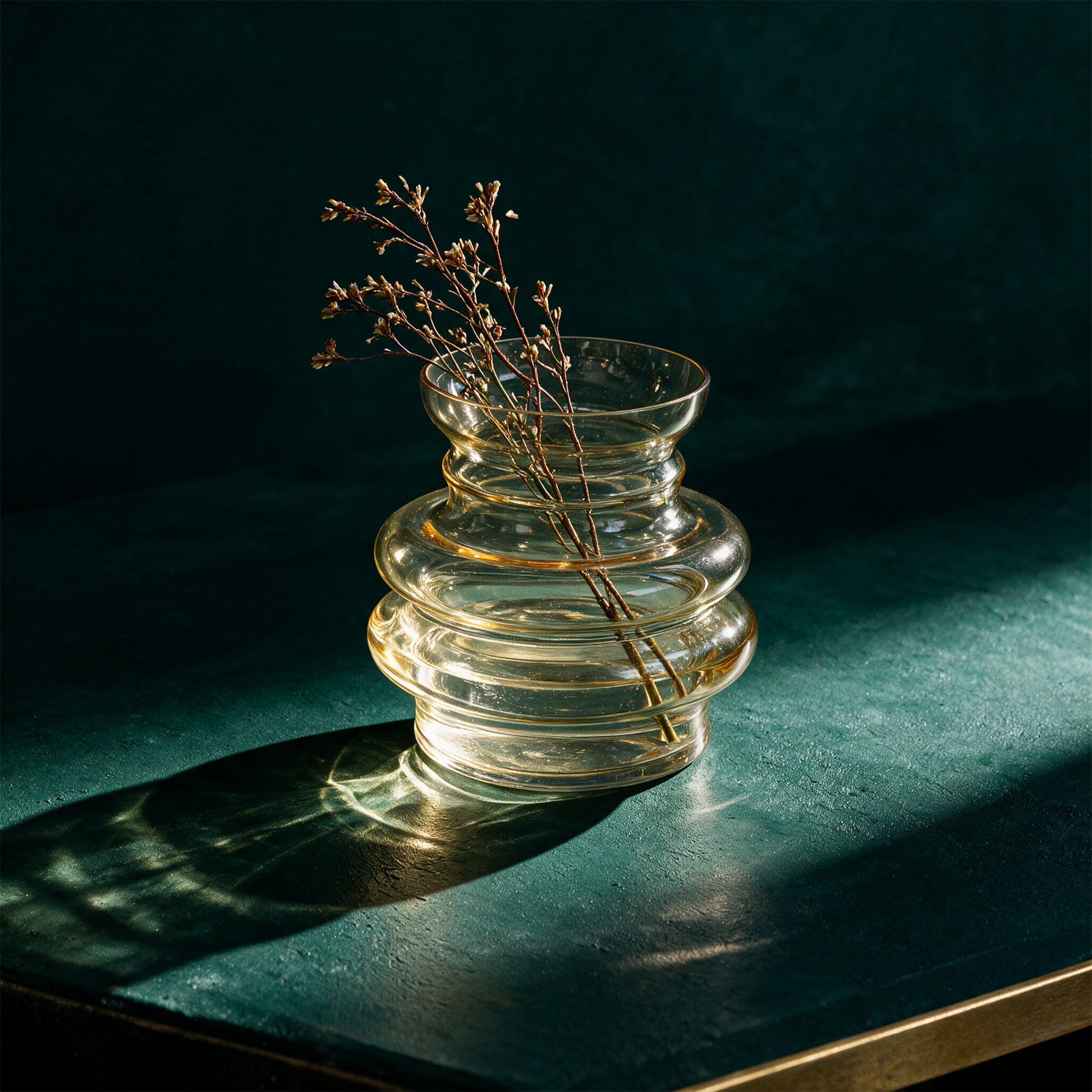 Curve Vase Gelb – Anwendung vor tiefem Smaragdgrün