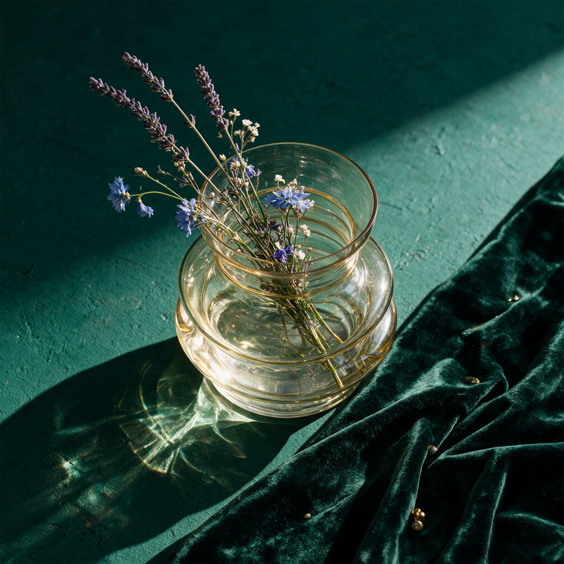 Curve Vase â€“ Material- und Setansicht vor tiefem SmaragdgrÃ¼n