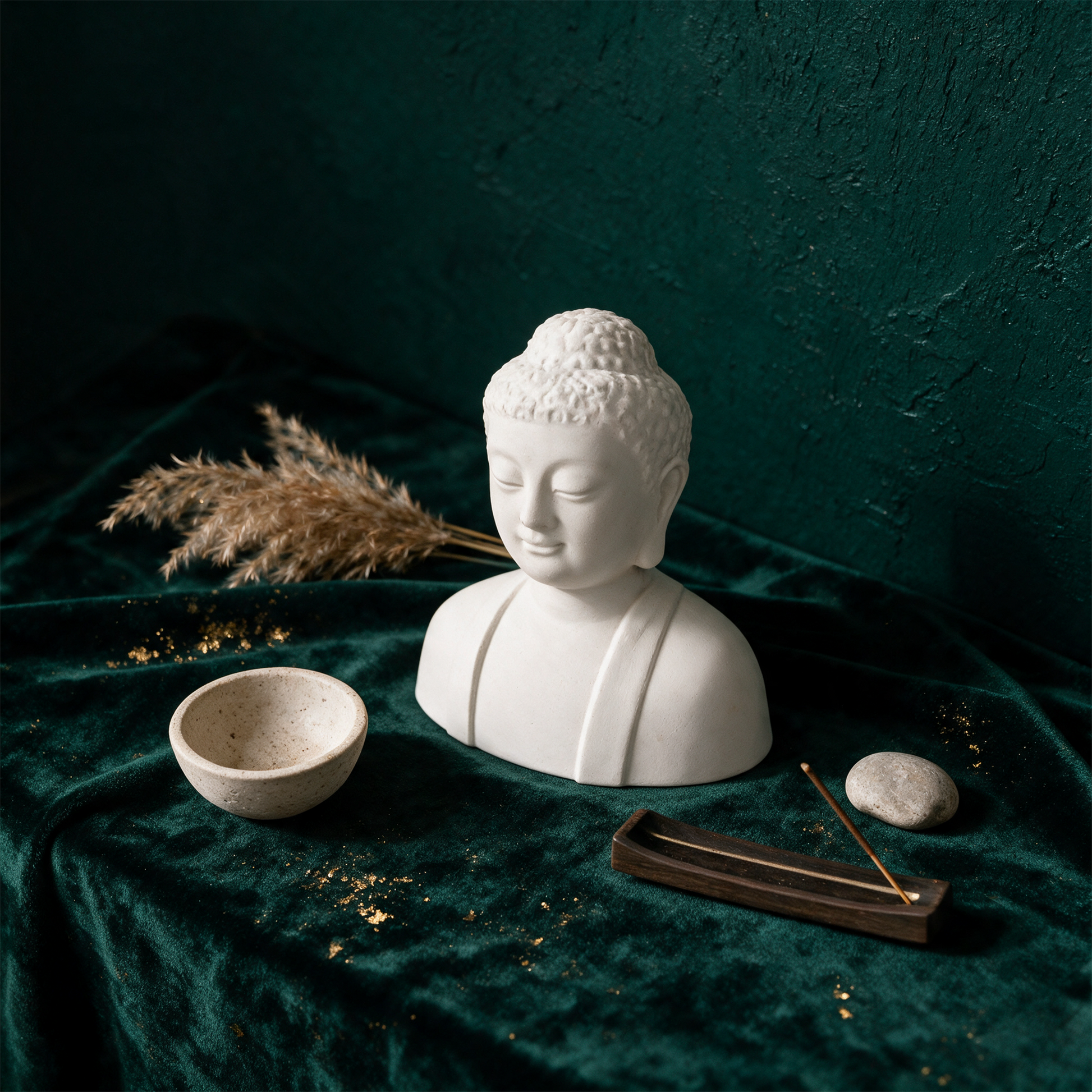 Buddha-Figur im Wohnraum kombiniert mit Räucherwerk und Deko