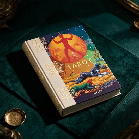 Bildband Tarot der Bibliothek der Esoterik in alternativer Ansicht vor tiefgrünem Hintergrund