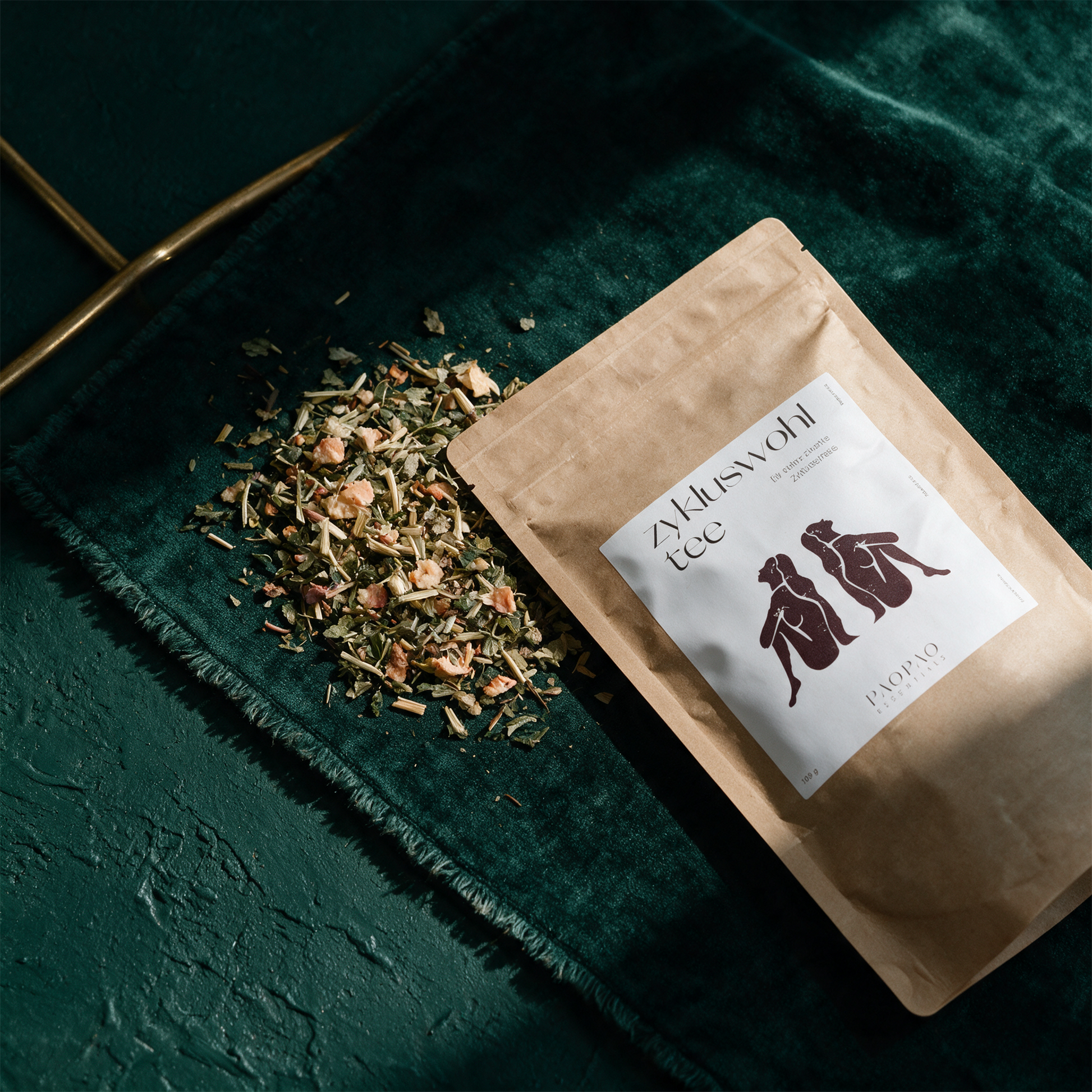 Zykluswohl Kräutertee neben Teekanne und Tasse auf einer Ablage