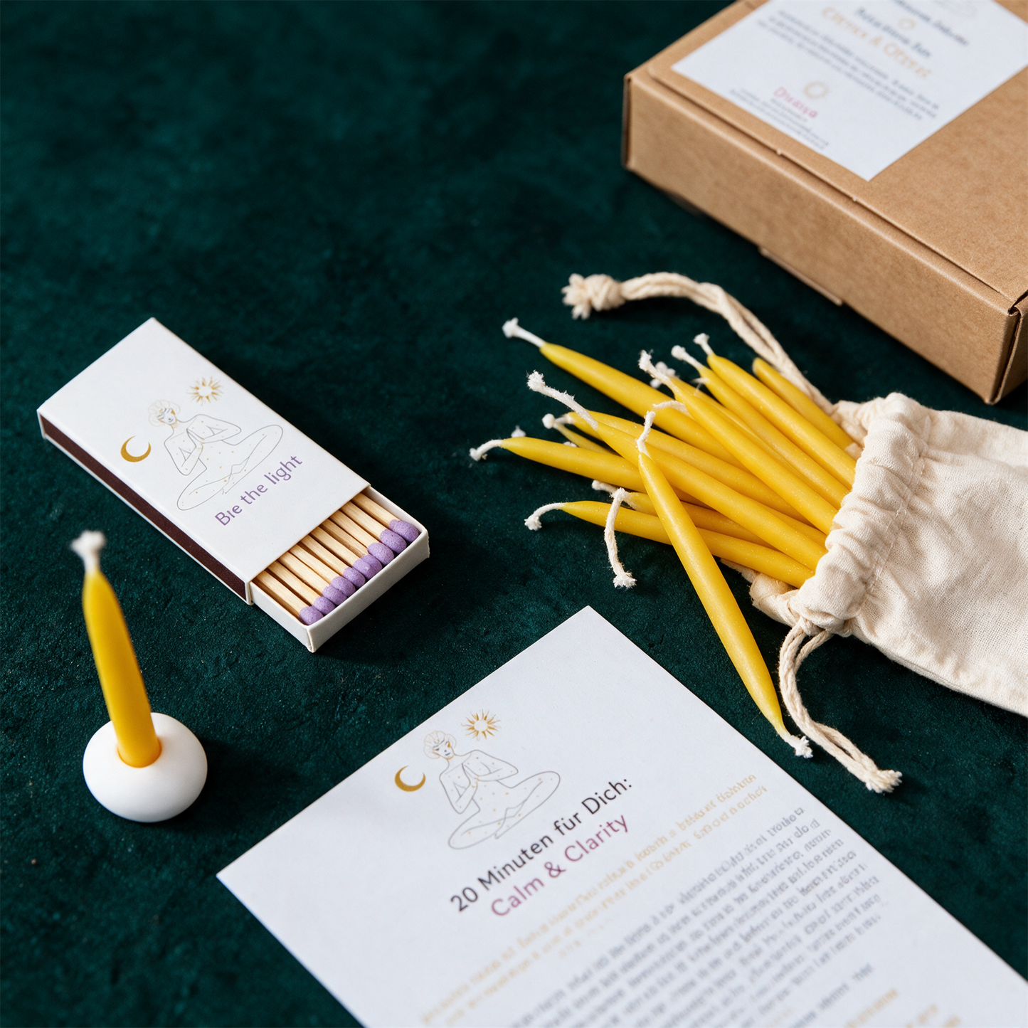20 Minuten fÃ¼r Dich: Calm & Clarity | Ritual-Set â€“ Material- und Setansicht vor tiefem SmaragdgrÃ¼n
