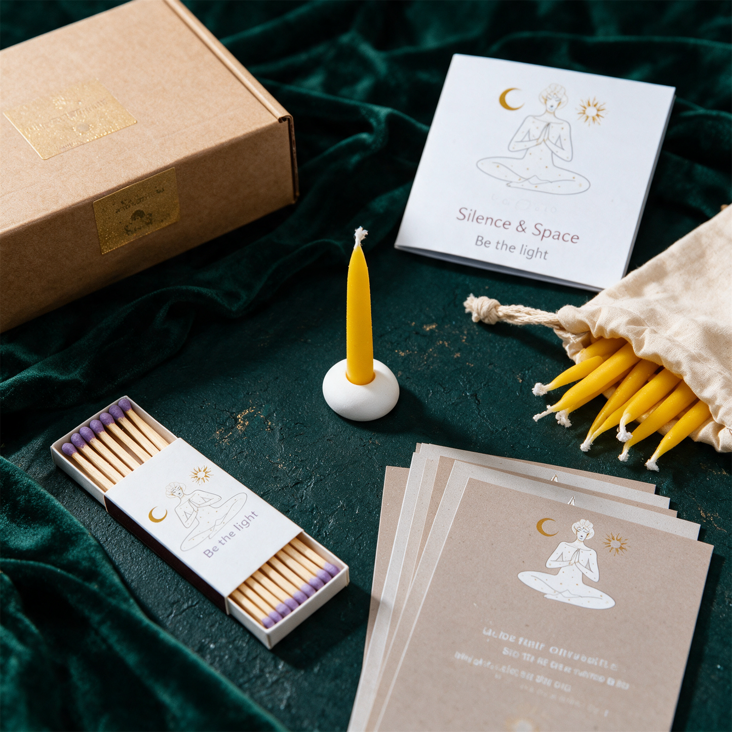 20 Minuten fÃ¼r Dich: Silence & Space | Ritual-Set â€“ Material- und Setansicht vor tiefem SmaragdgrÃ¼n