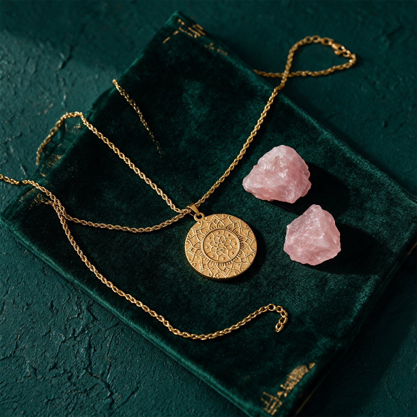 Mandala Kette 'I am grounded' | Vergoldet & graviert â€“ Material- und Setansicht vor tiefem SmaragdgrÃ¼n
