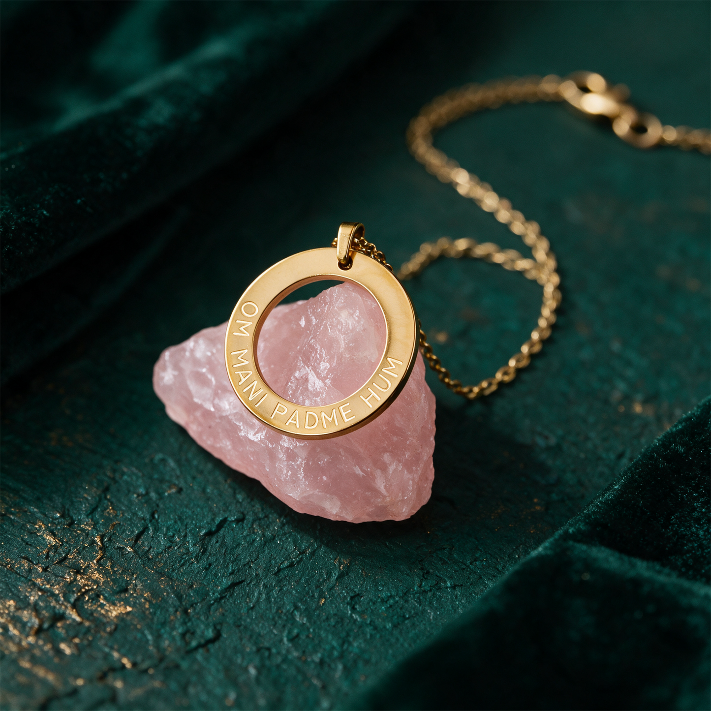Om Mani Padme Hum Kette | Vergoldet mit Mantra-Gravur â€“ Detailansicht vor tiefem SmaragdgrÃ¼n