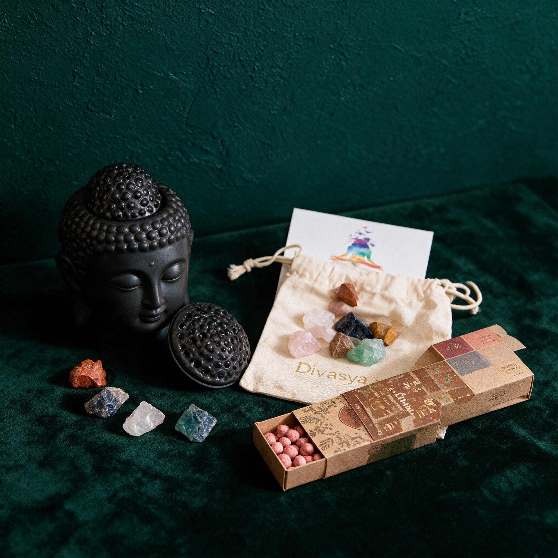 Chakra Meditation Geschenkset | Buddha, Steine & Tee â€“ alternative Produktansicht vor tiefem SmaragdgrÃ¼n