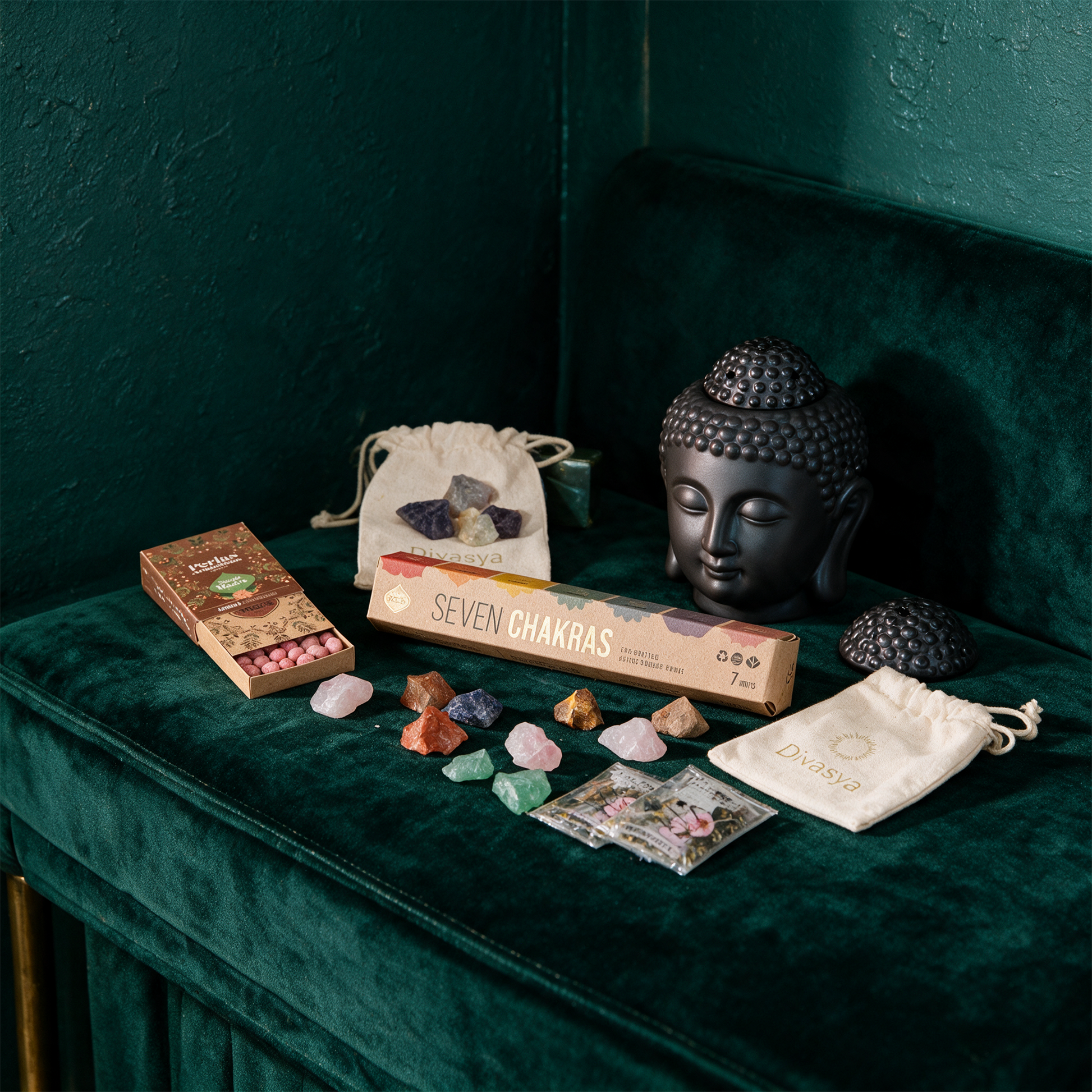Chakra Meditation Geschenkset | Buddha, Steine & Tee â€“ Anwendung vor tiefem SmaragdgrÃ¼n