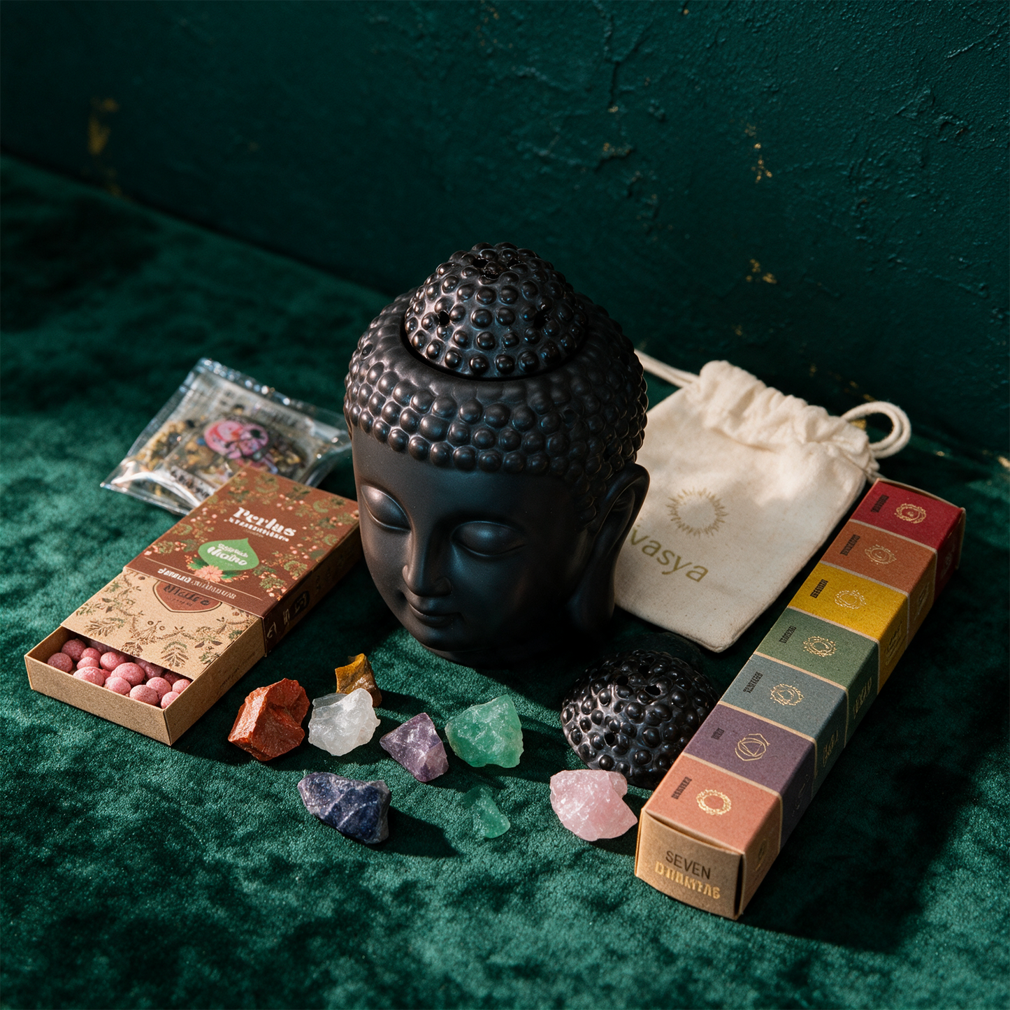 Chakra Meditation Geschenkset | Buddha, Steine & Tee â€“ Material- und Setansicht vor tiefem SmaragdgrÃ¼n