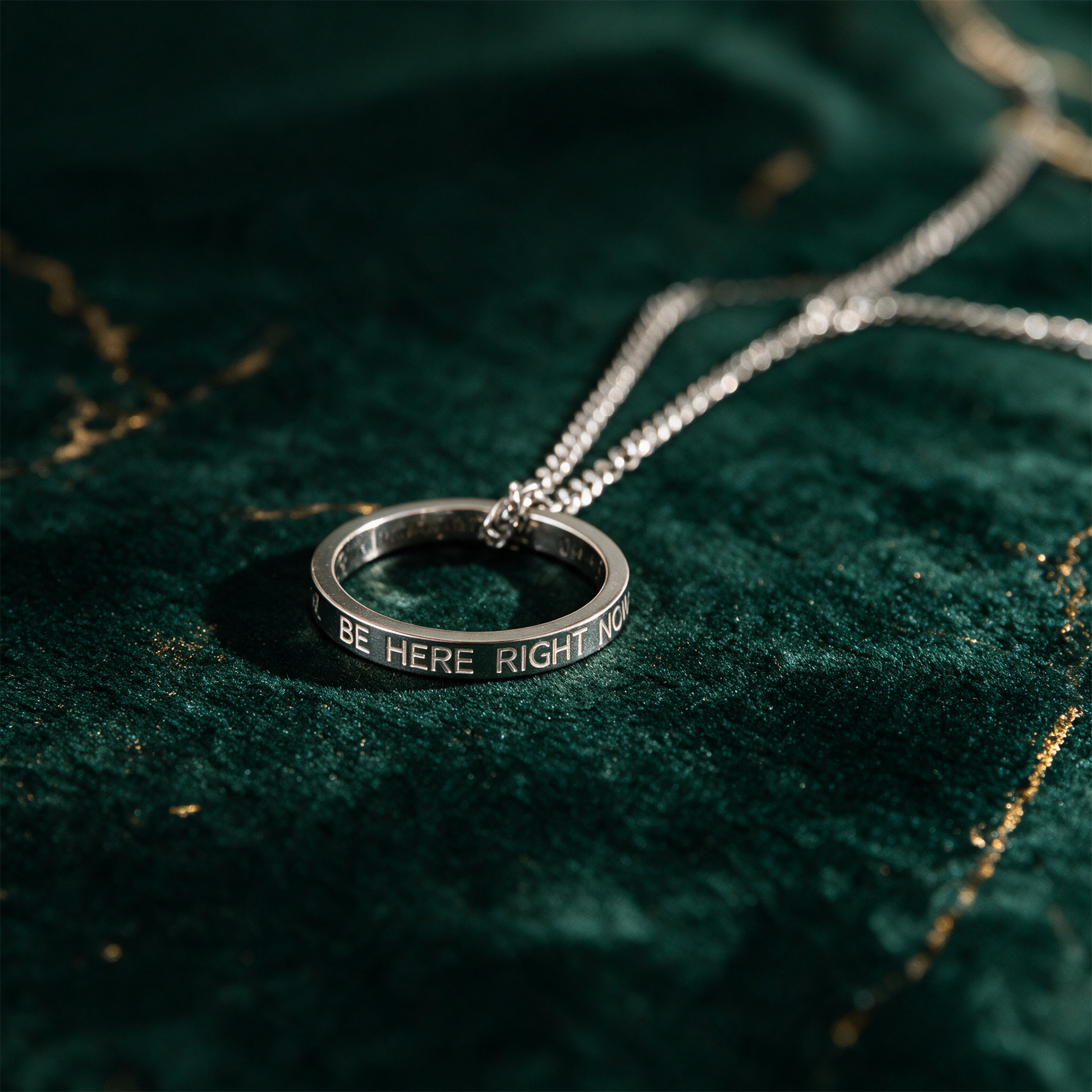 Ringkette 'Be here right now' | Silber mit Gravur â€“ Detailansicht vor tiefem SmaragdgrÃ¼n