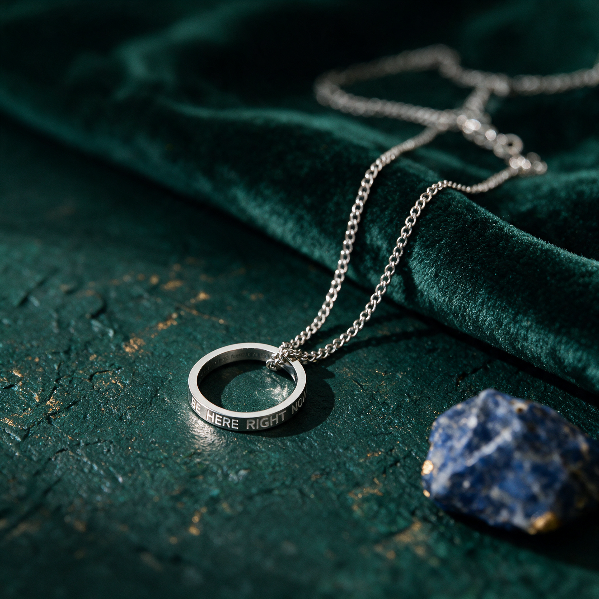 Ringkette 'Be here right now' | Silber mit Gravur â€“ Anwendung vor tiefem SmaragdgrÃ¼n