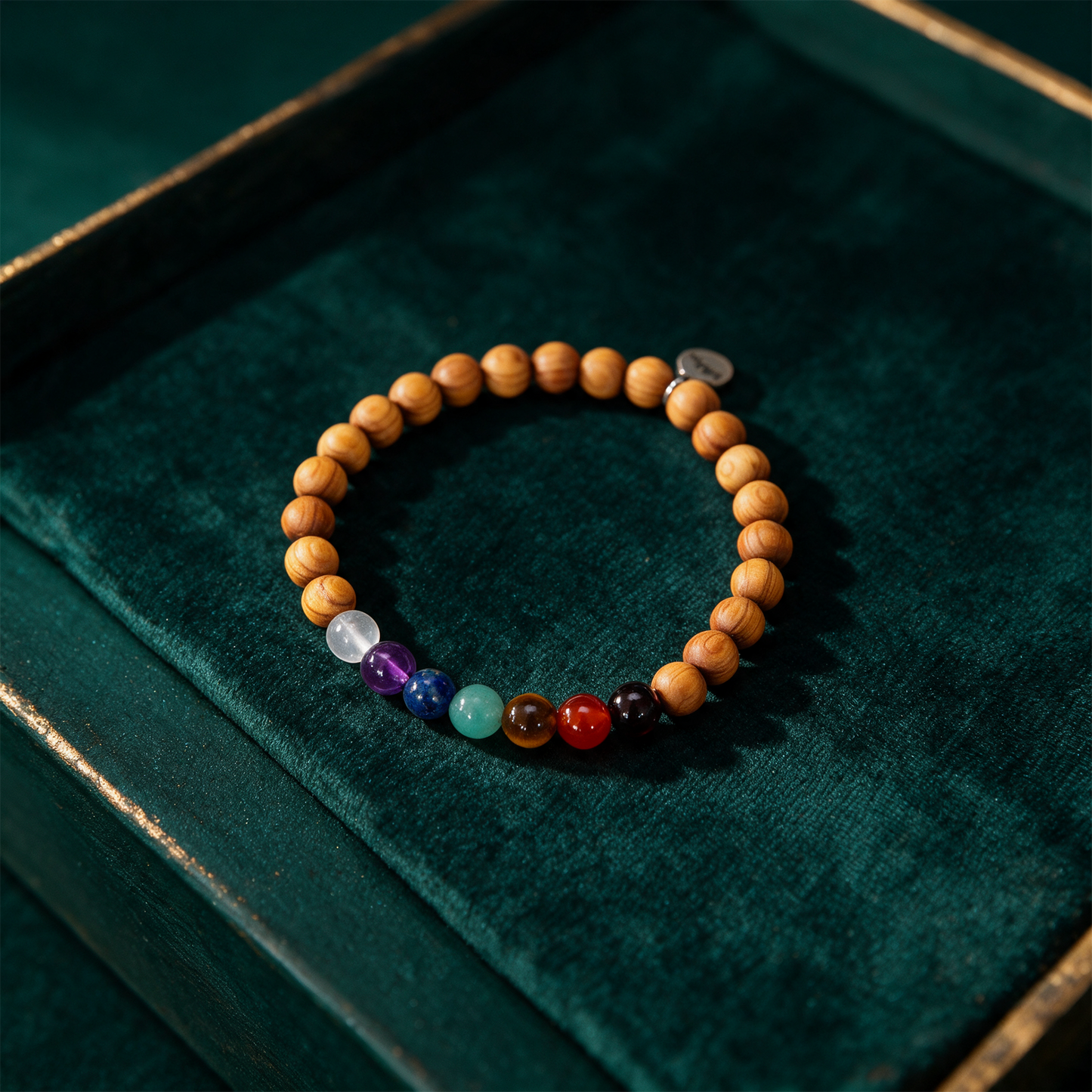 Chakra Armband | 7 echte Edelsteine & Sandelholz â€“ alternative Produktansicht vor tiefem SmaragdgrÃ¼n