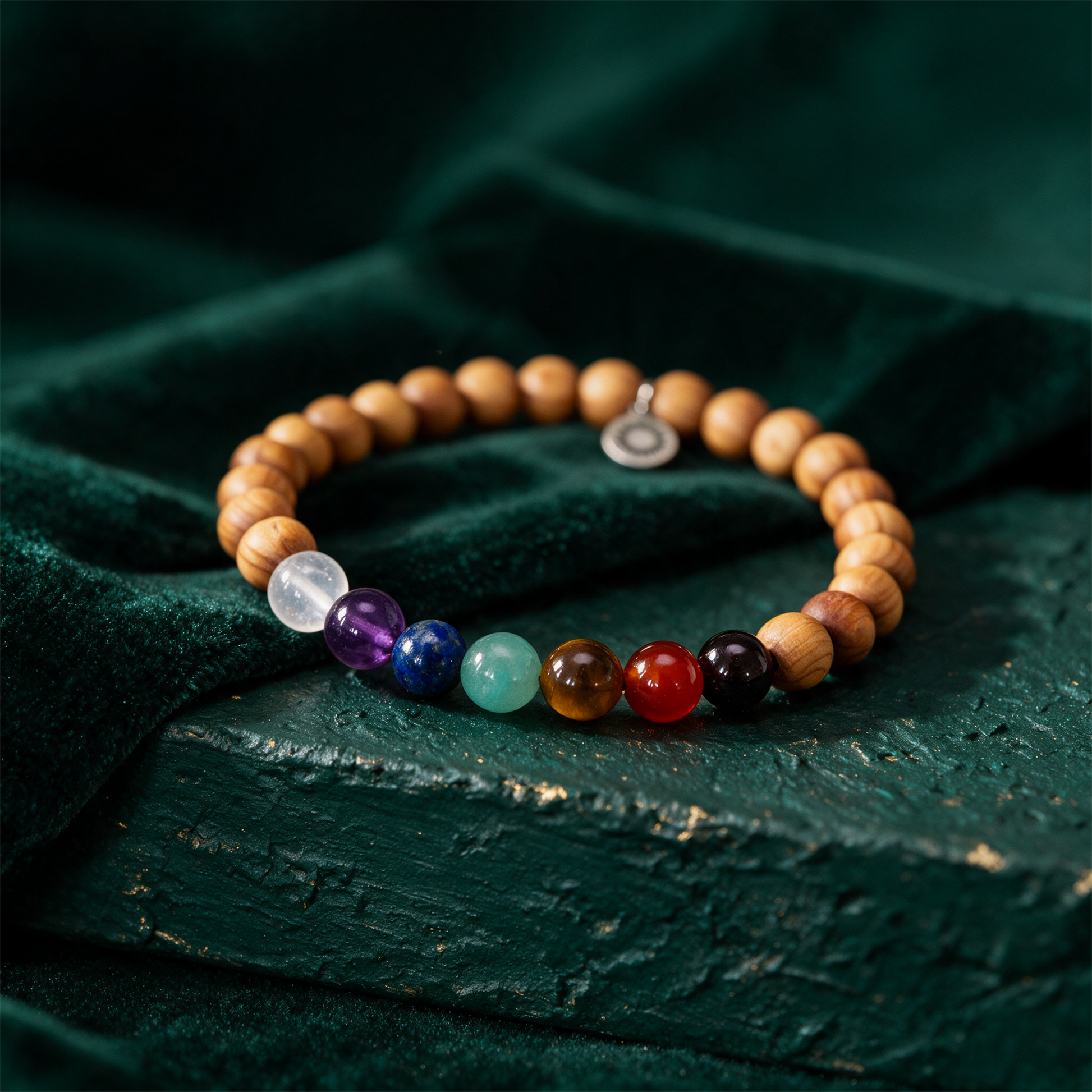 Chakra Armband | 7 echte Edelsteine & Sandelholz â€“ Detailansicht vor tiefem SmaragdgrÃ¼n