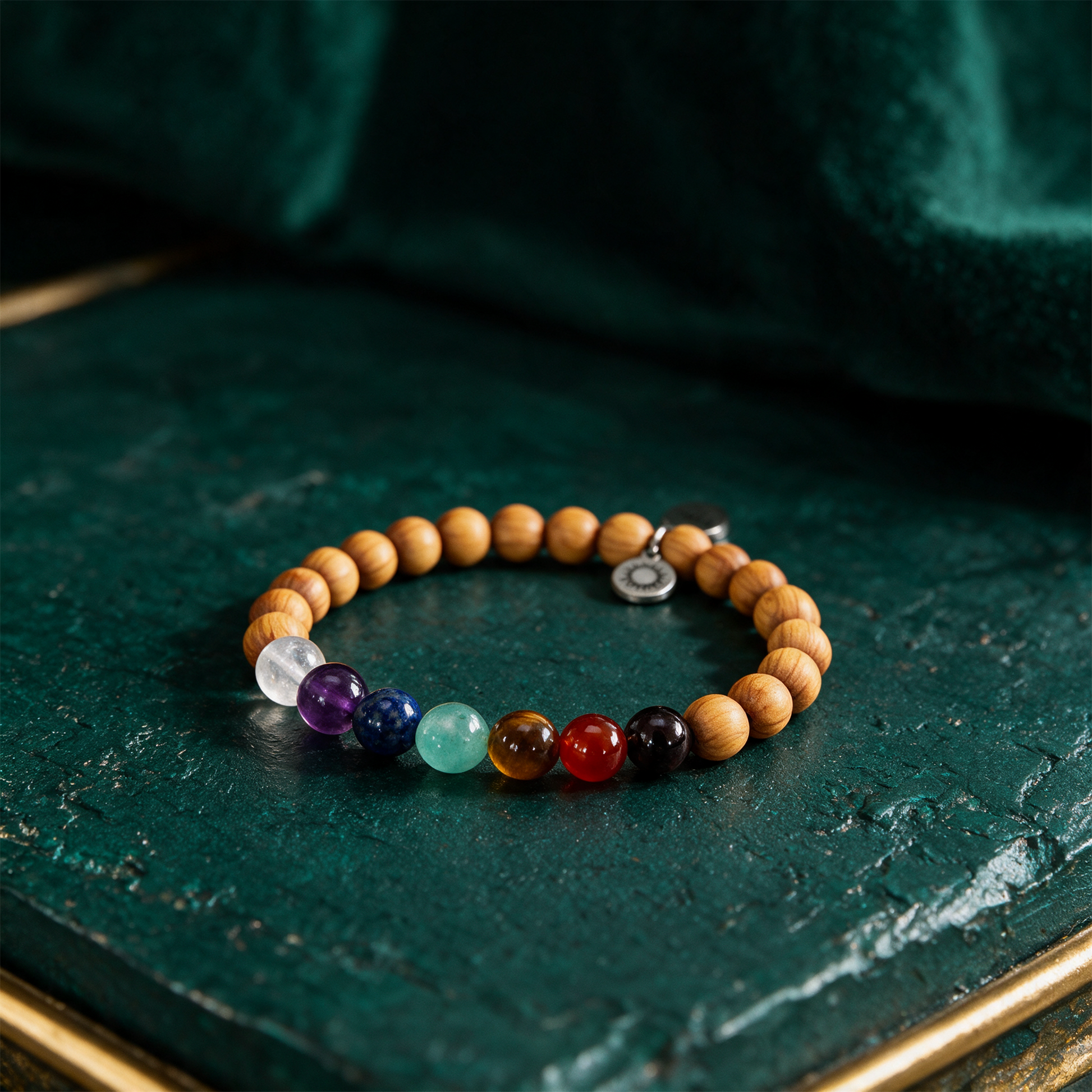 Chakra Armband | 7 echte Edelsteine & Sandelholz â€“ Anwendung vor tiefem SmaragdgrÃ¼n