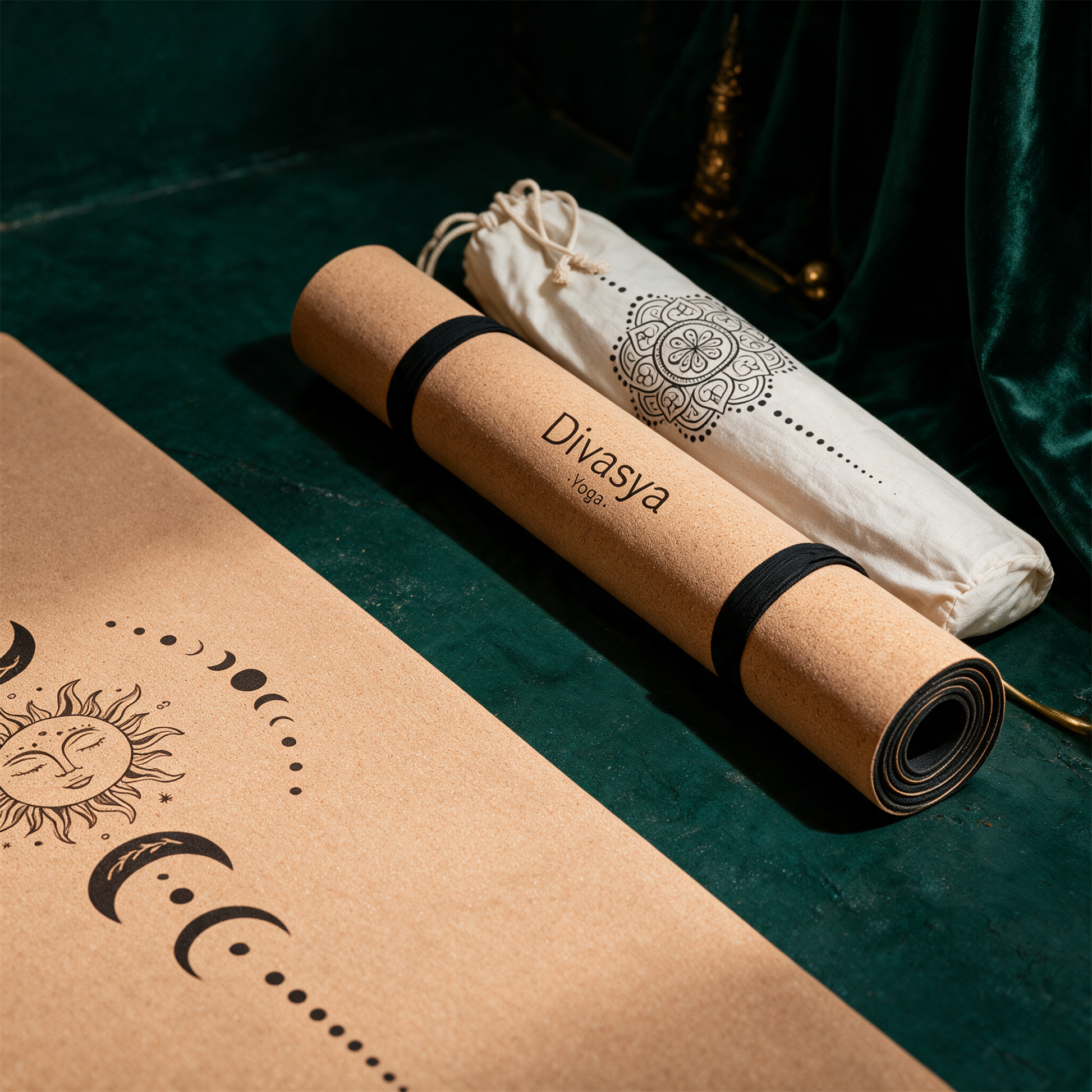 Yogamatte Kork â€žnatural touchâ€œ | Portugal-Kork & Naturkautschuk, 183 Ã— 66 cm â€“ alternative Produktansicht vor tiefem SmaragdgrÃ¼n