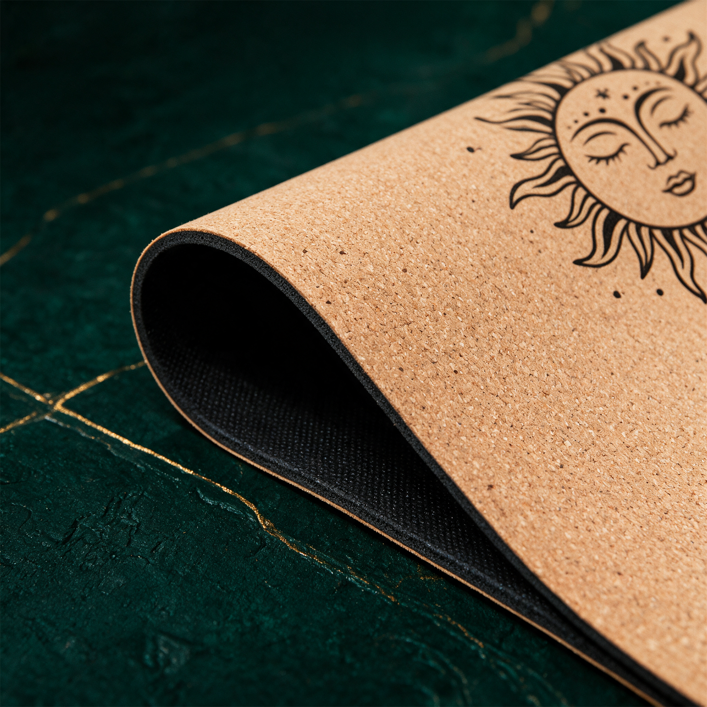 Yogamatte Kork â€žnatural touchâ€œ | Portugal-Kork & Naturkautschuk, 183 Ã— 66 cm â€“ Detailansicht vor tiefem SmaragdgrÃ¼n