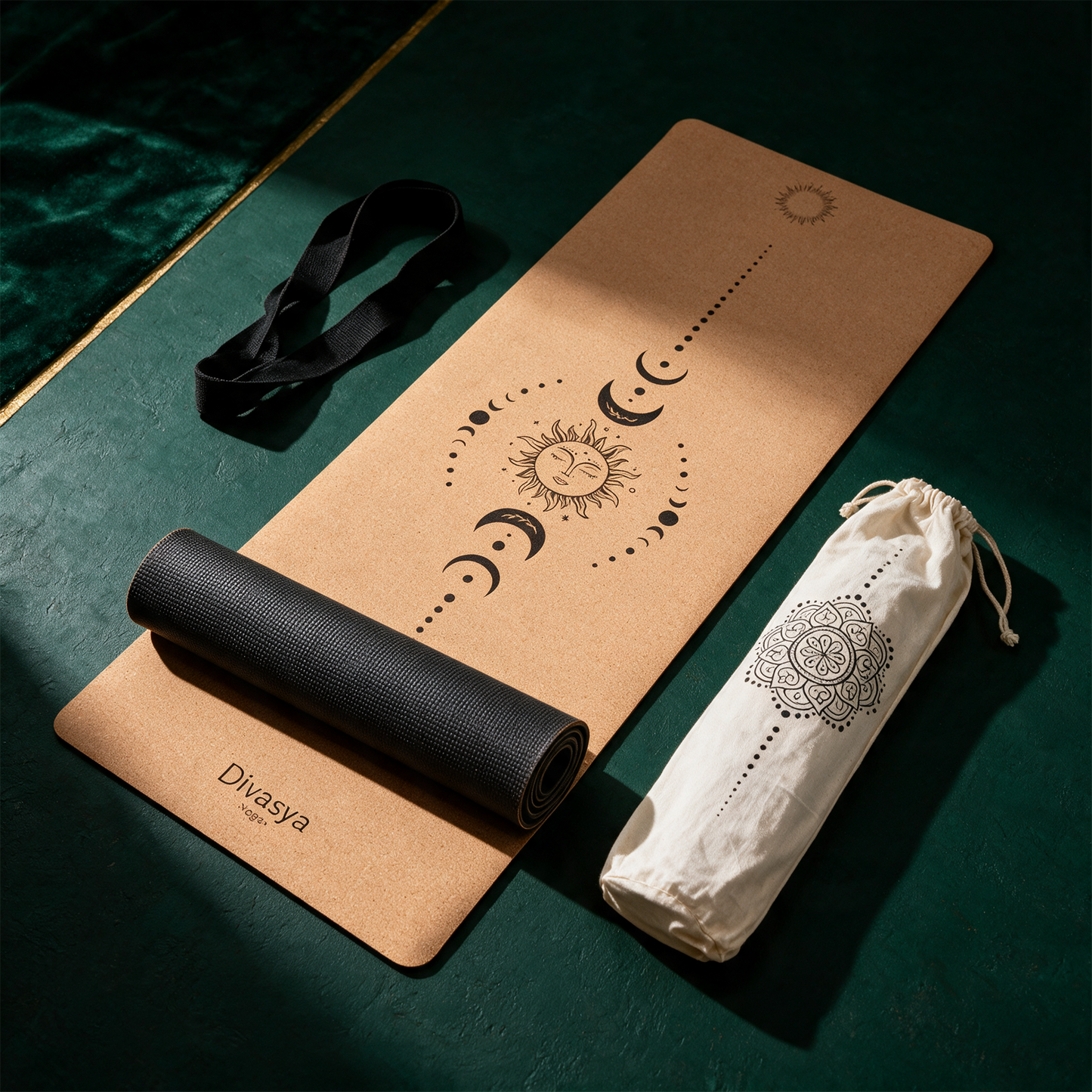 Yogamatte Kork â€žnatural touchâ€œ | Portugal-Kork & Naturkautschuk, 183 Ã— 66 cm â€“ Material- und Setansicht vor tiefem SmaragdgrÃ¼n