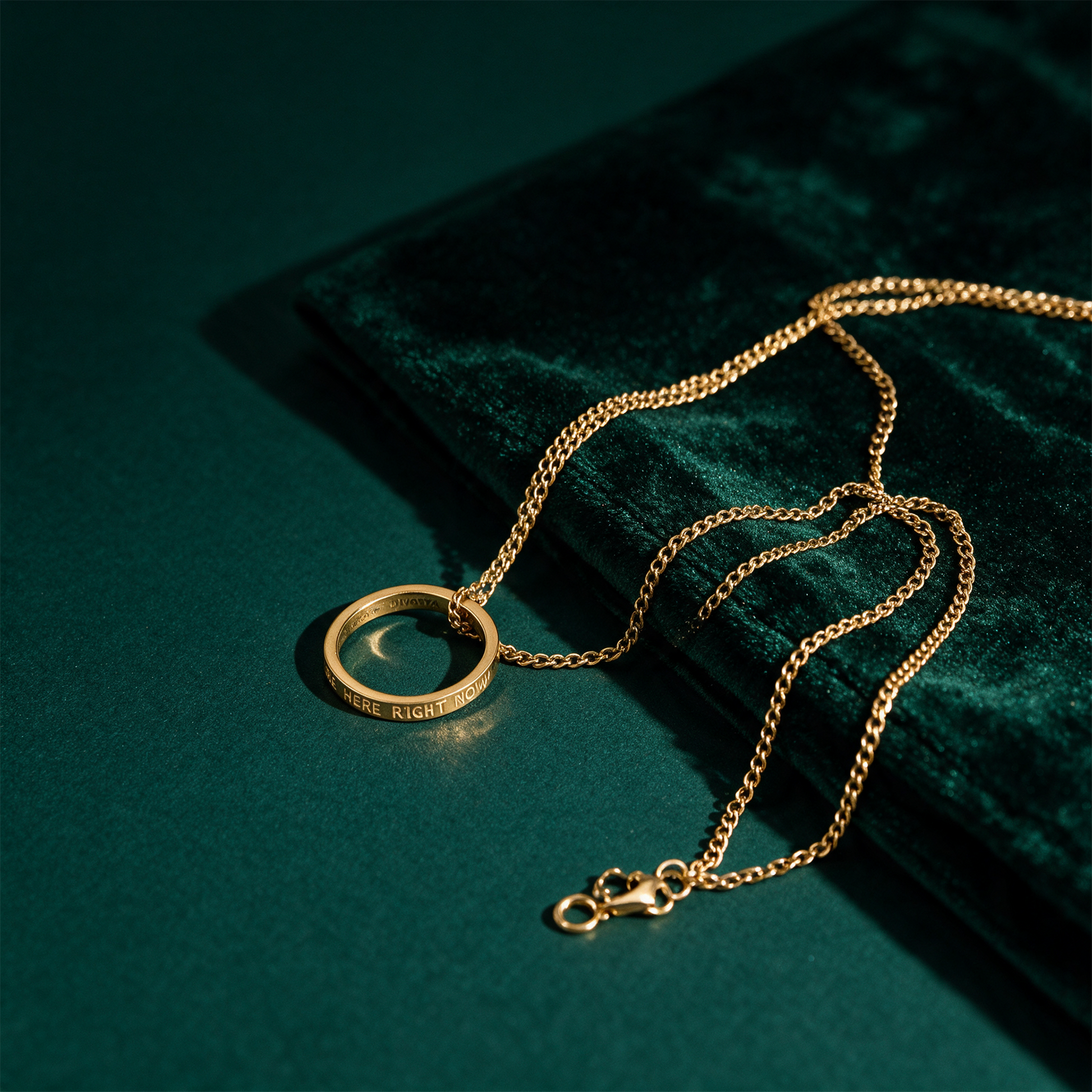 Kette mit Ring vergoldet | Gravur â€žBe Here Right Nowâ€œ fÃ¼r Achtsamkeit â€“ alternative Produktansicht vor tiefem SmaragdgrÃ¼n