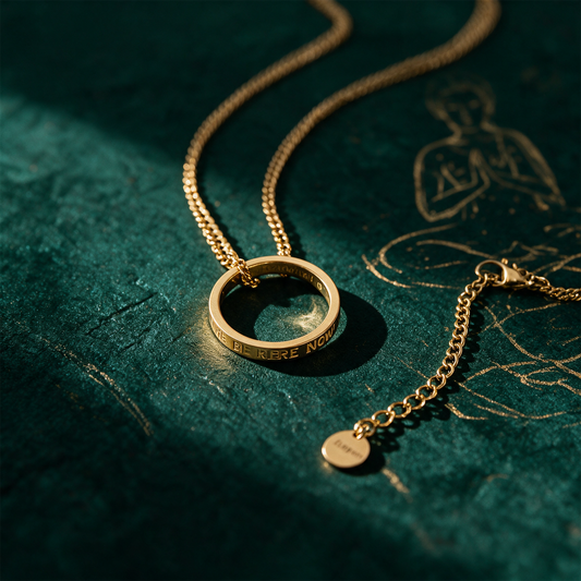 Kette mit Ring vergoldet | Gravur â€žBe Here Right Nowâ€œ fÃ¼r Achtsamkeit â€“ Detailansicht vor tiefem SmaragdgrÃ¼n