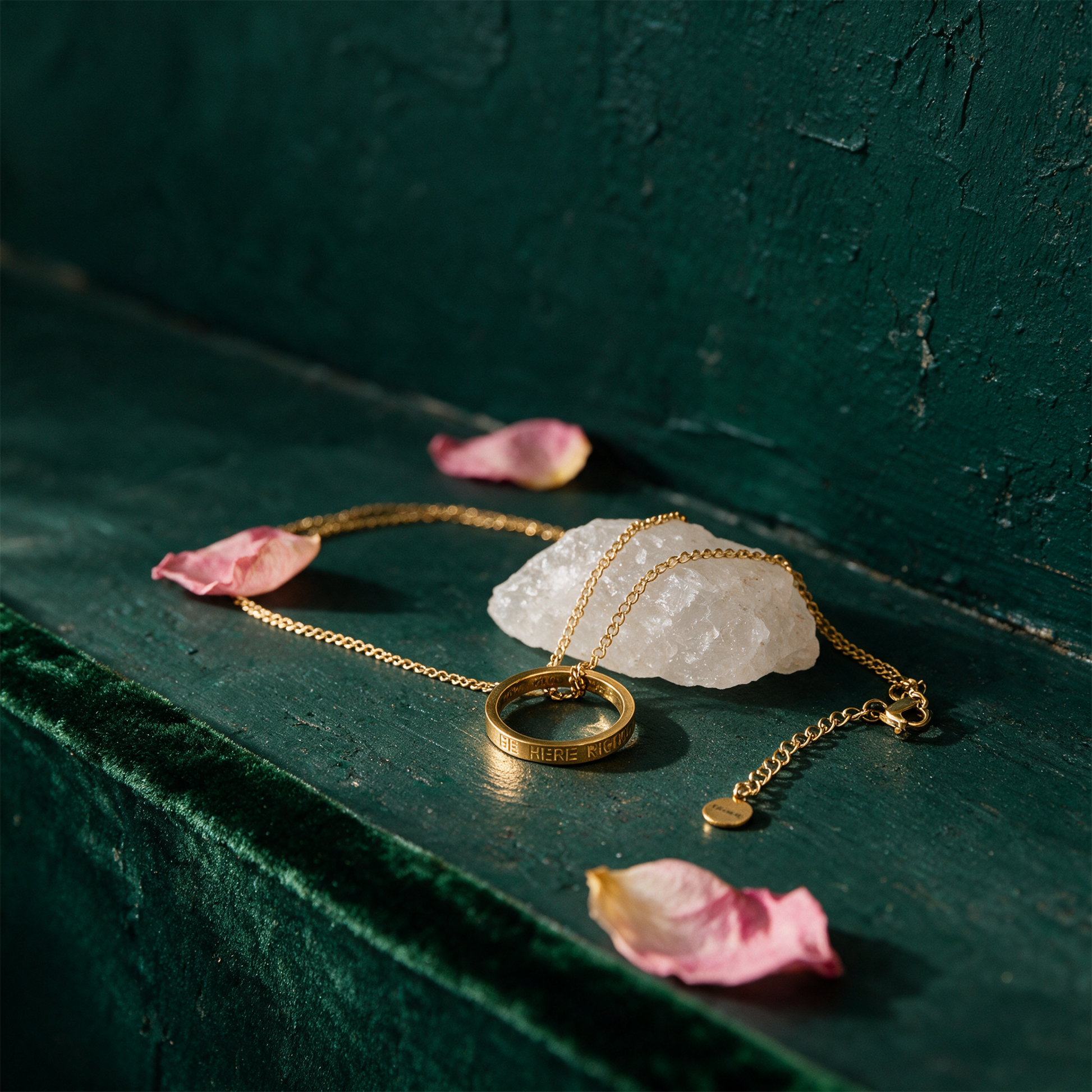 Kette mit Ring vergoldet | Gravur â€žBe Here Right Nowâ€œ fÃ¼r Achtsamkeit â€“ Anwendung vor tiefem SmaragdgrÃ¼n