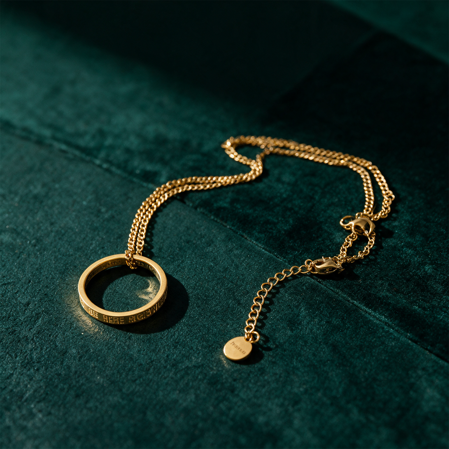 Kette mit Ring vergoldet | Gravur â€žBe Here Right Nowâ€œ fÃ¼r Achtsamkeit â€“ Material- und Setansicht vor tiefem SmaragdgrÃ¼n